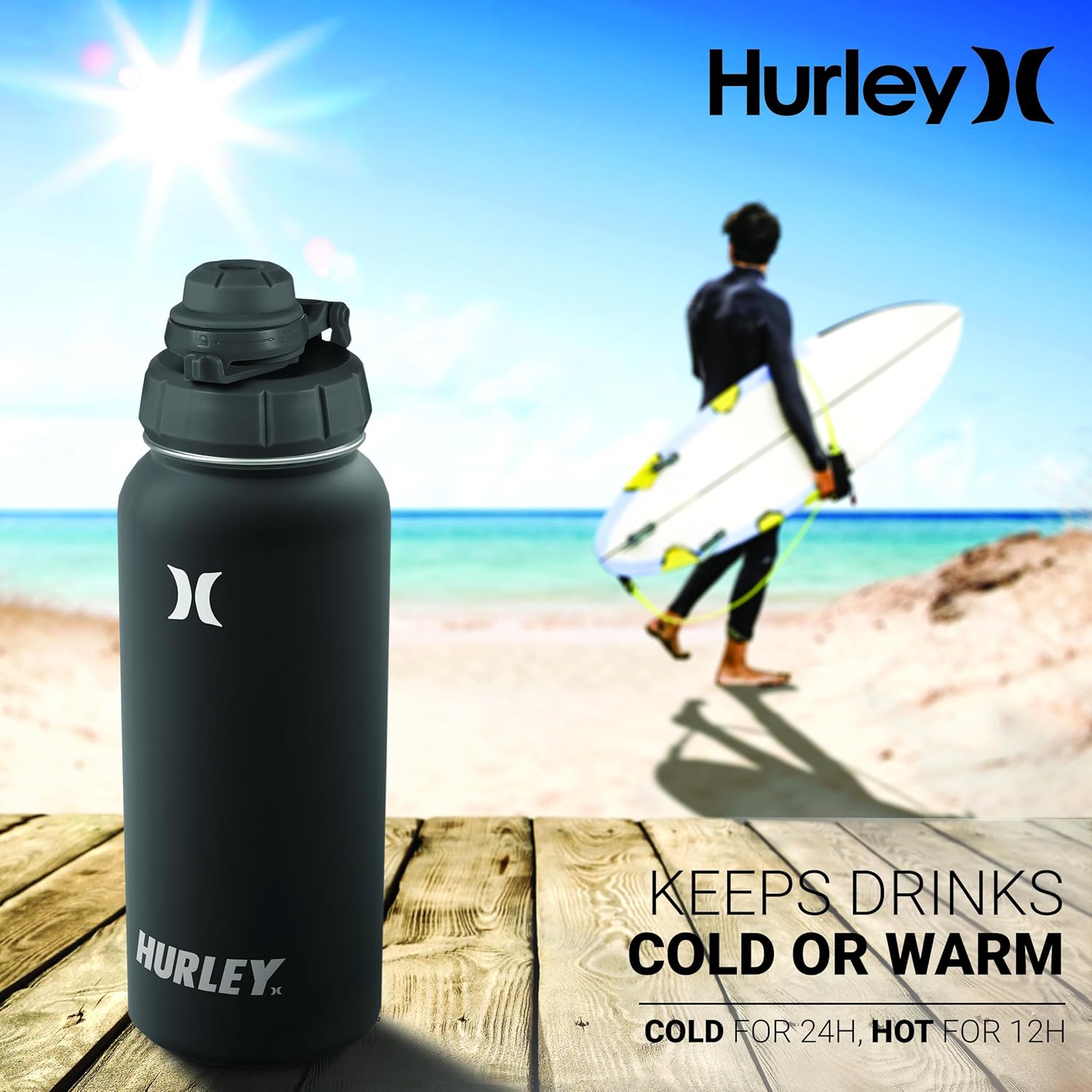 Hurley Botella de agua aislada  Botella de agua de acero inoxidable de 32 onzas, botella de agua de viaje para deportes y actividades al aire libre