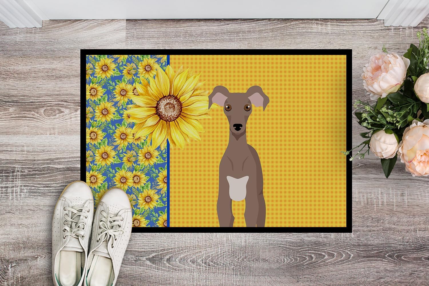 Caroline’s Treasures WDK5431MAT – Felpudo de verano con girasoles y leondo italiano, de 18 x 27 pulgadas, para puerta delantera, para interiores y