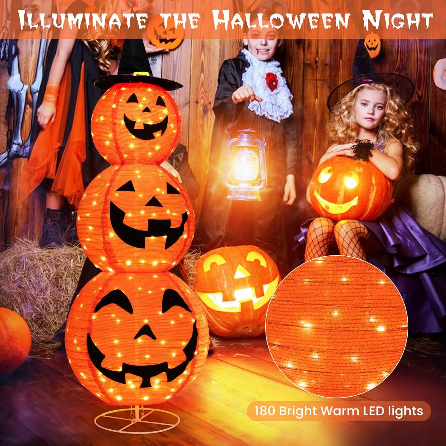 HOMGX – Decoraciones de calabaza de Halloween de 5 pies con 180 LED, calabaza iluminada preiluminada para exteriores con sombrero de bruja, calabaza