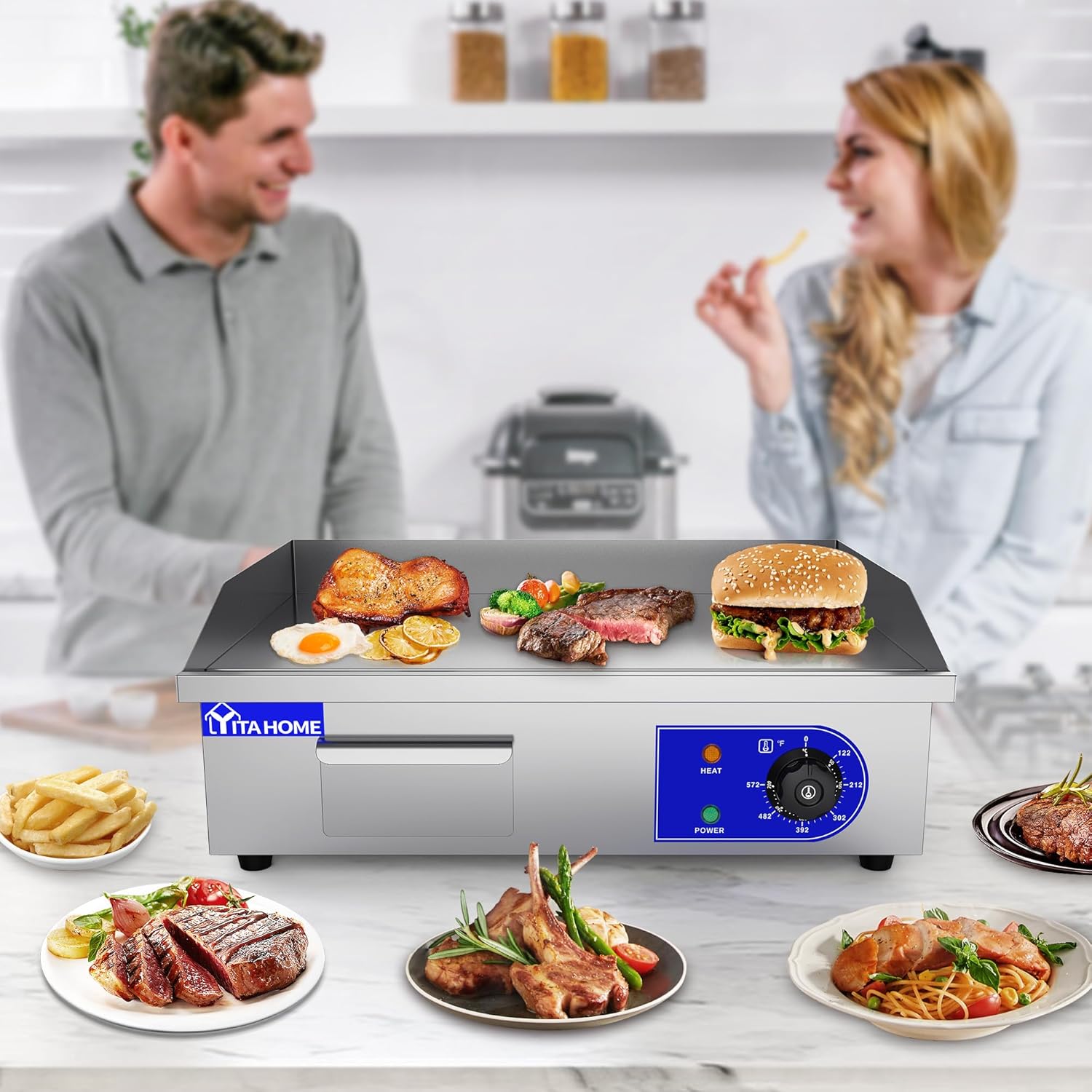 YITAHOME Plancha eléctrica comercial de 22 pulgadas con mango de resorte, plancha comercial de 3000 W, parrilla Teppanyaki antiadherente para