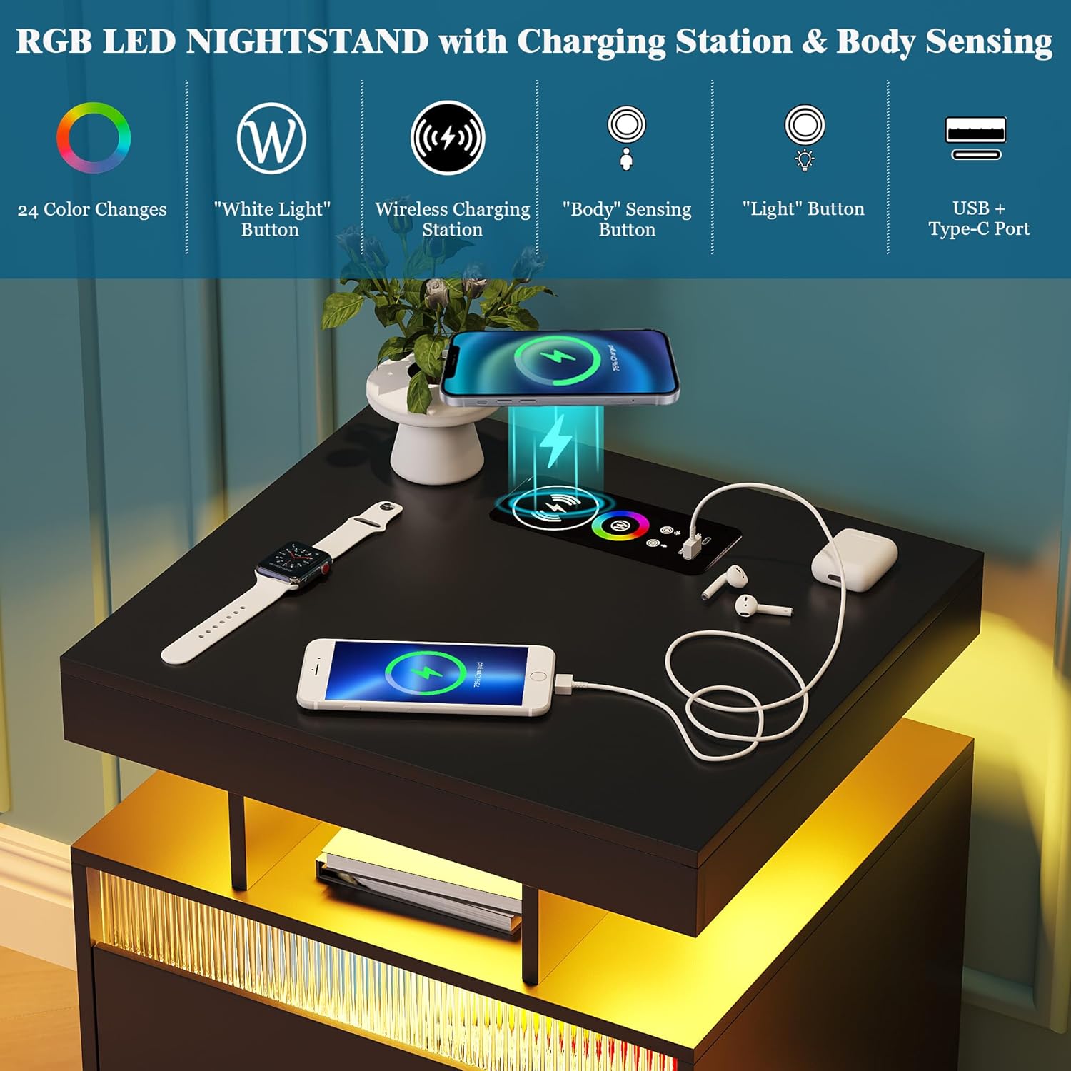 WOOVIVS Mesita de noche LED con estación de carga inalámbrica y puertos USBC, tira de luz LED de 24 colores con brillo ajustable y modo de sensor de