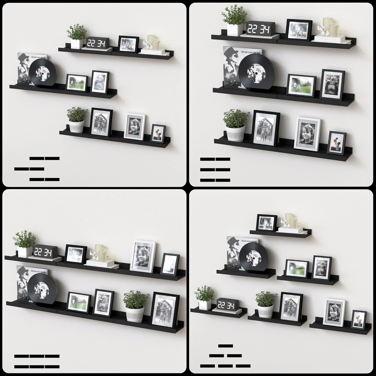 DOLLFIO Juego de 6 estantes flotantes, estantes de pared negros con labio, estantes de exhibición para decoración de pared, repisa de imagen moderna
