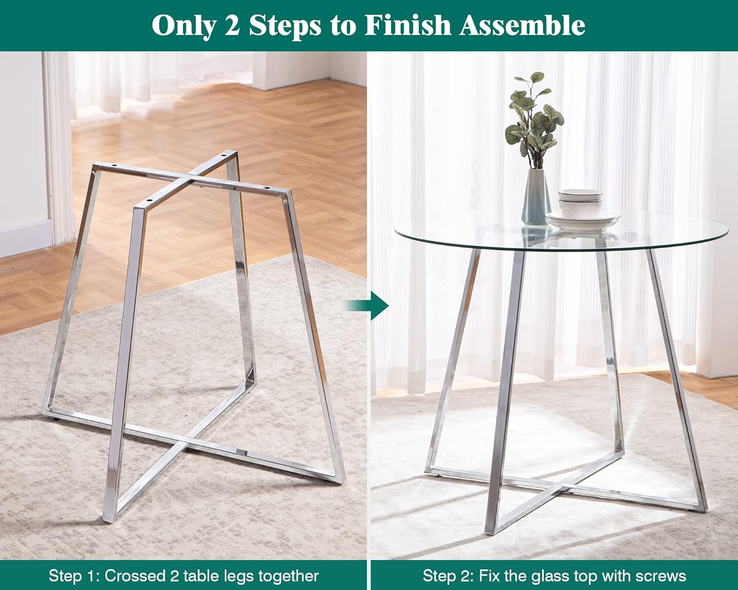 SICOTAS Mesa de comedor redonda de vidrio con patas cromadas, mesa de cocina moderna para 2 o 4 personas, mesa de comedor circular con base de metal