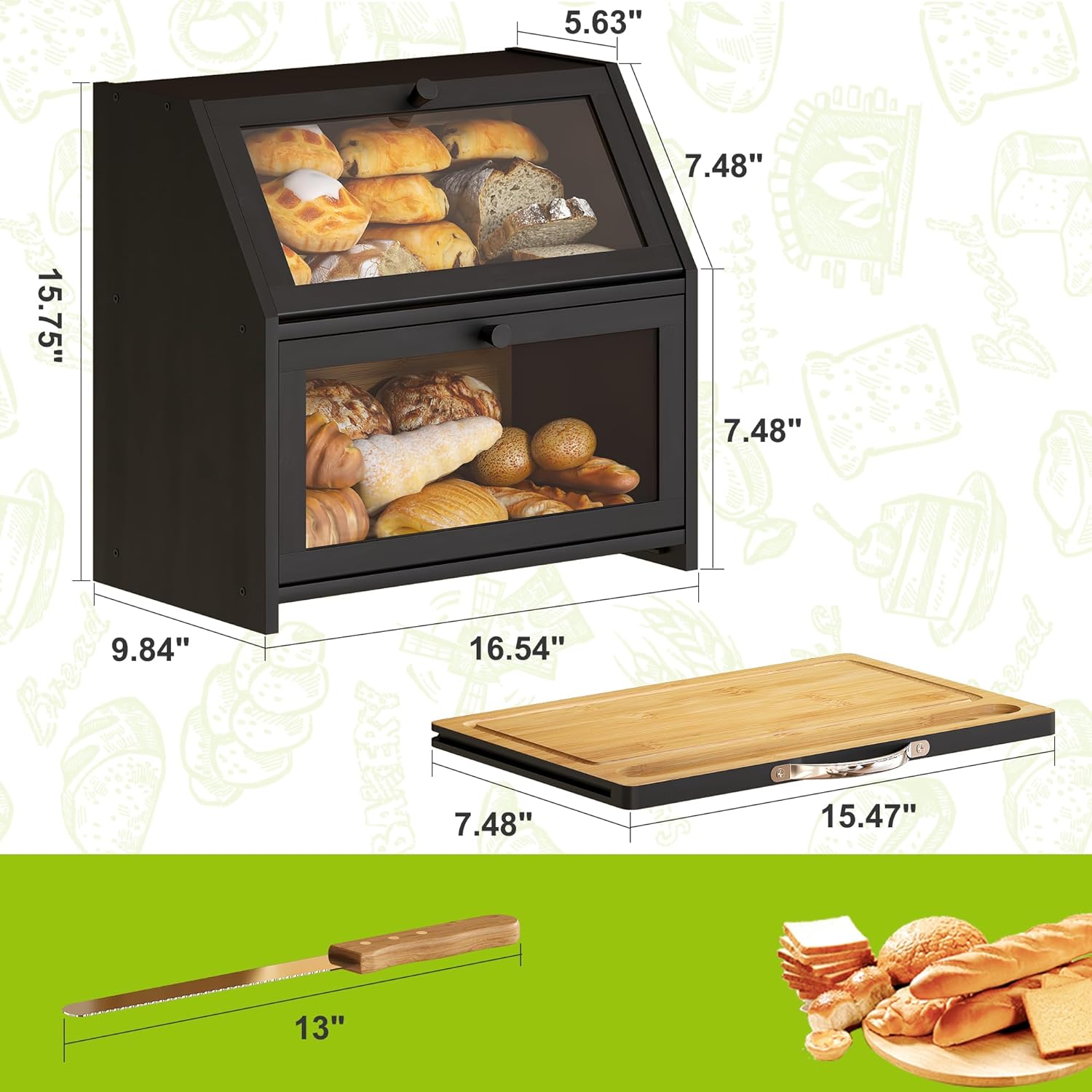 BMOSU Panera con tabla de cortar, almacenamiento y organizador de pan de cocina, encimera de granja, panera doble de madera de bambú, cubo de gran