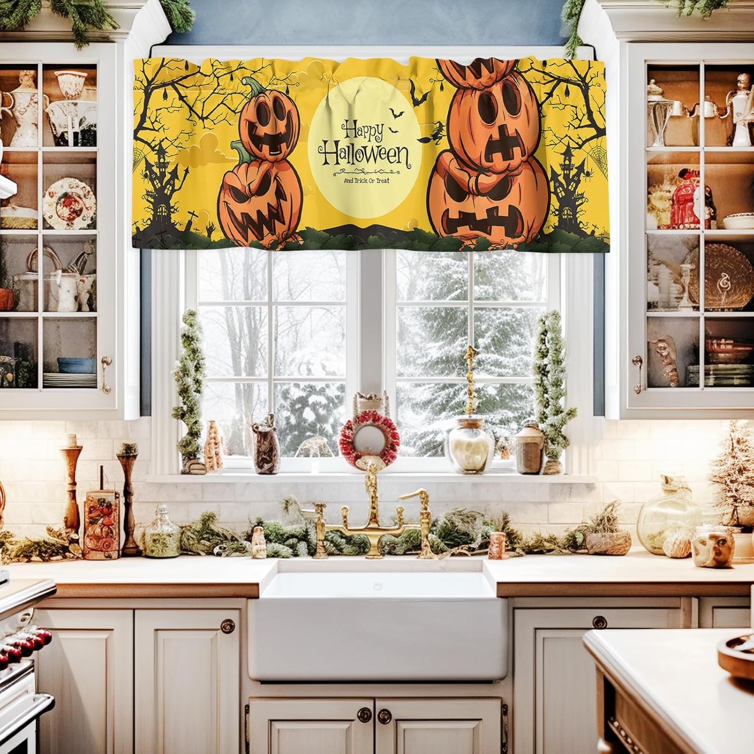 Window Valance Curtain for Kitchen, Halloween Pumpkin Bat Branch Castle Moon 42″x12″ Rod Pocket Window Treatment Valance Privacy Toppers Drape for