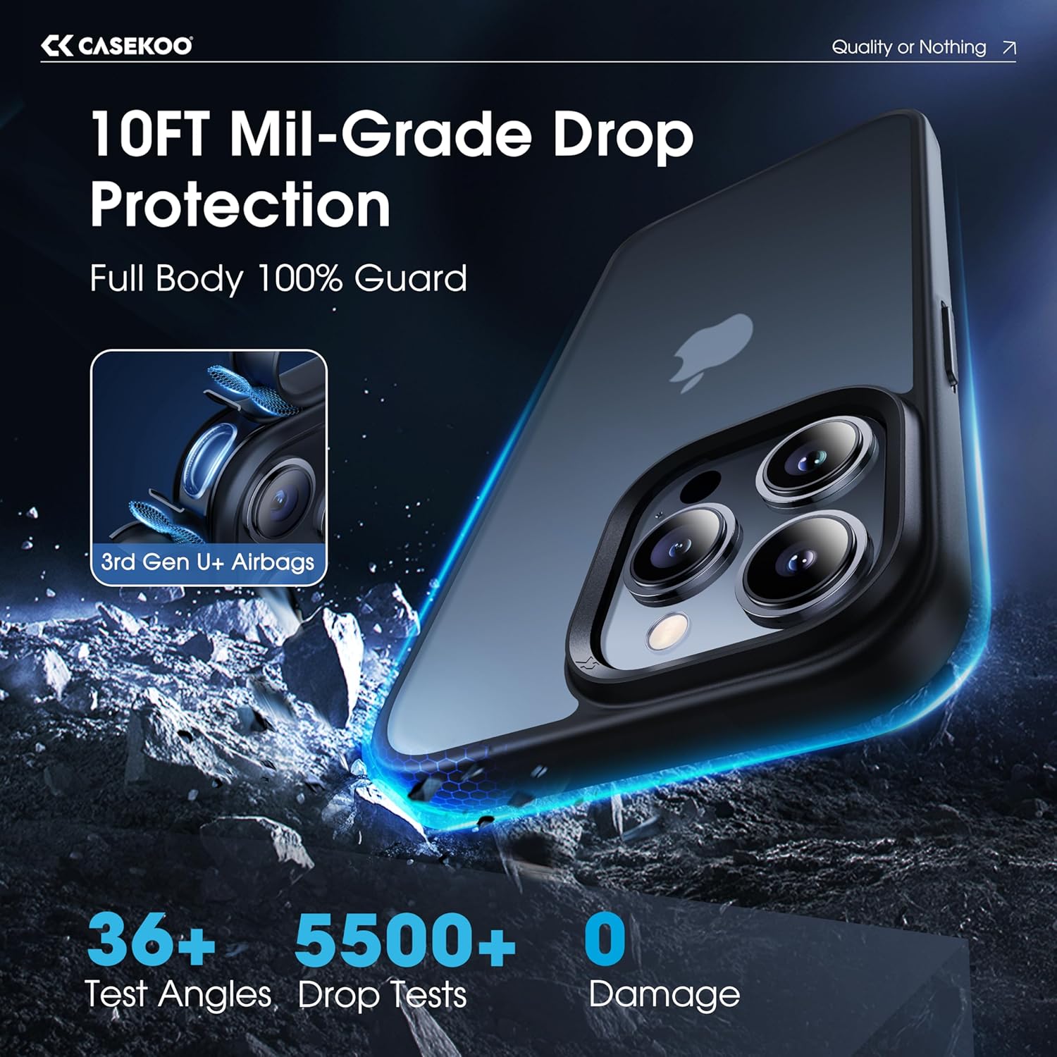 CASEKOO Funda mate para iPhone 15 Pro Max a prueba de golpes, nunca amarilla protección contra caídas de grado militar de 10 pies Funda translúcida