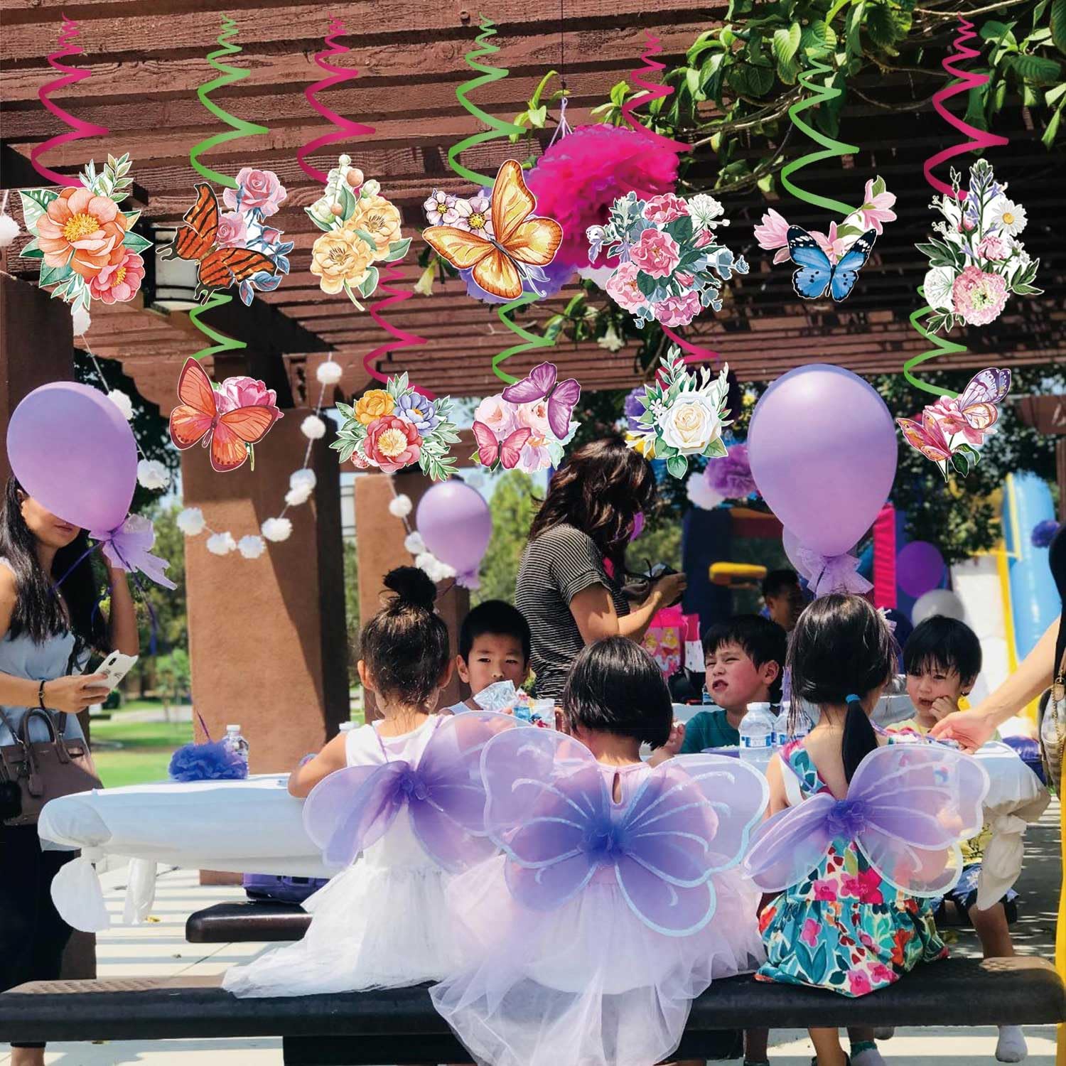 30 piezas de espirales colgantes de mariposas, decoraciones de fiesta de mariposas, remolinos colgantes de flores, decoraciones de serpentinas de
