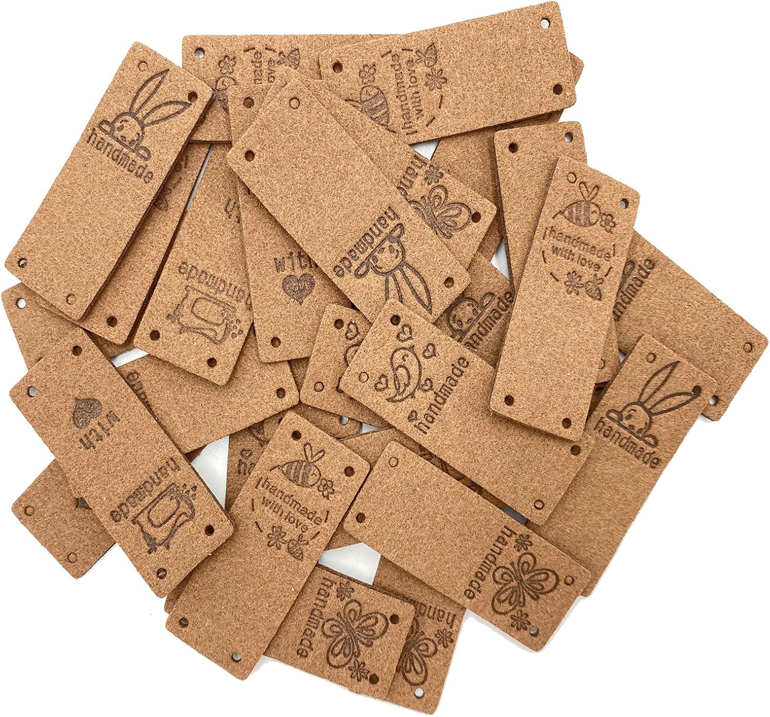 Gewene 50 etiquetas de piel sintética hechas a mano, etiquetas hechas a mano, botones con agujeros en relieve, adorno de punto para jeans, bolsas,