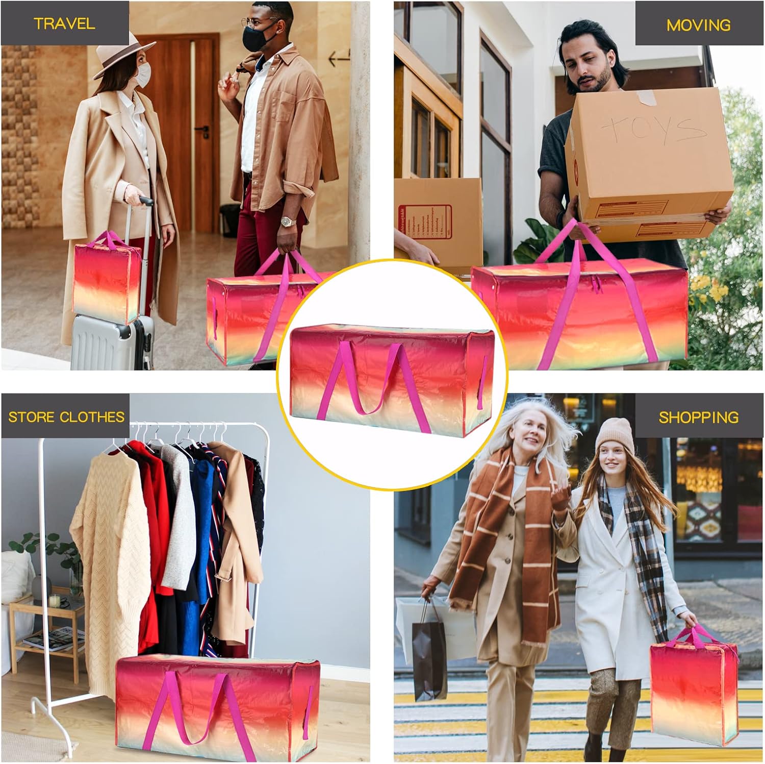 Bolsas de mudanza extra grandes resistentes, paquete de 2 bolsas de almacenamiento impermeables con cremallera y asas, correas de mochila fuertes