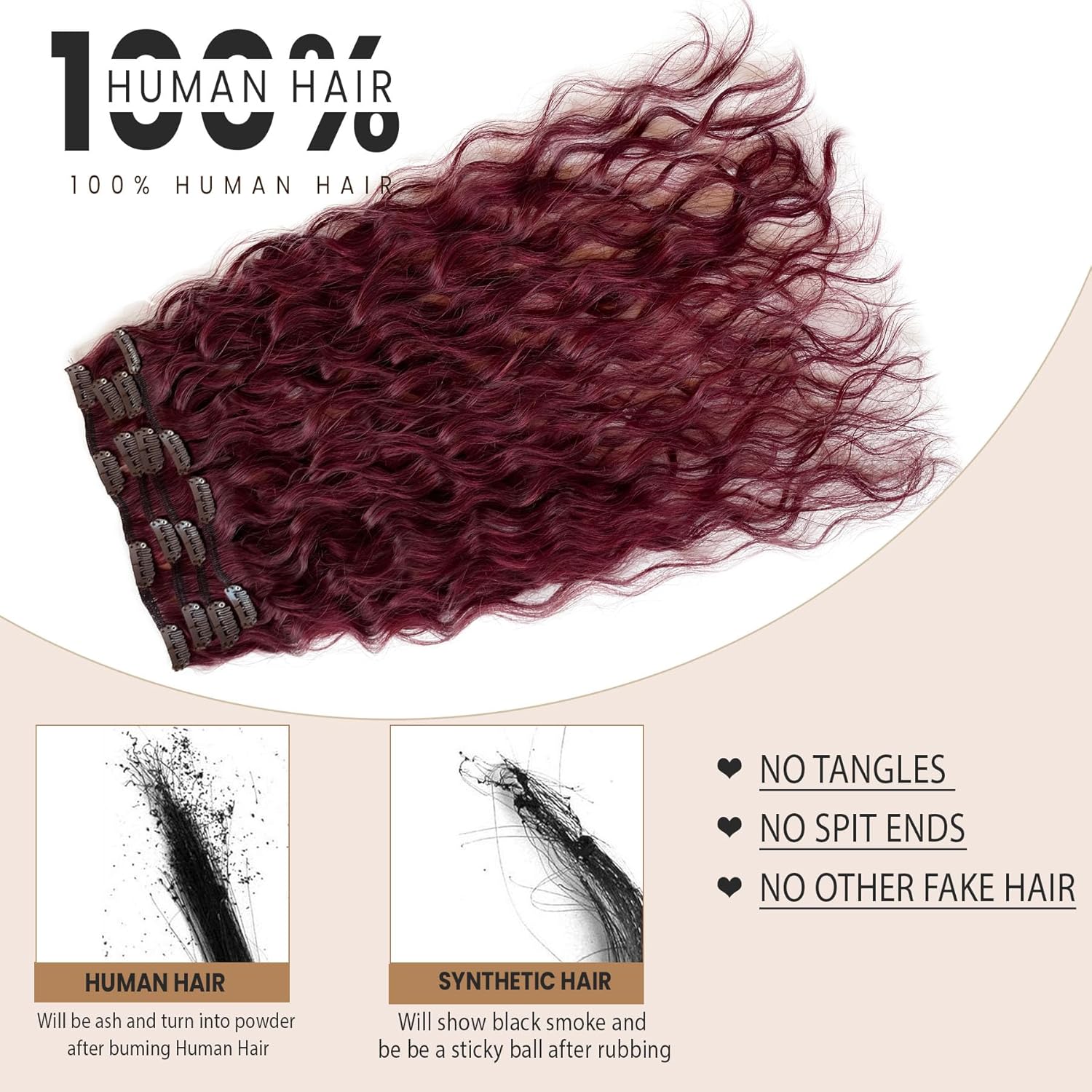 Extensiones de cabello humano con clip, color burdeos, extensiones de cabello humano largo ondulado con clip, 2.47 onzas, 7 unidades, extensiones de