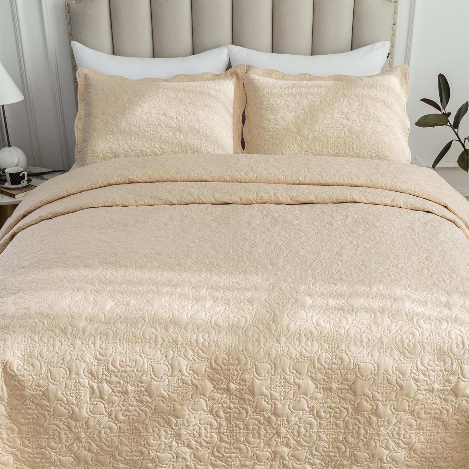 Juego de edredón de 3 piezas tamaño King, colcha de verano suave y ligera, colcha reversible de microfibra para todas las estaciones, beige, patrón