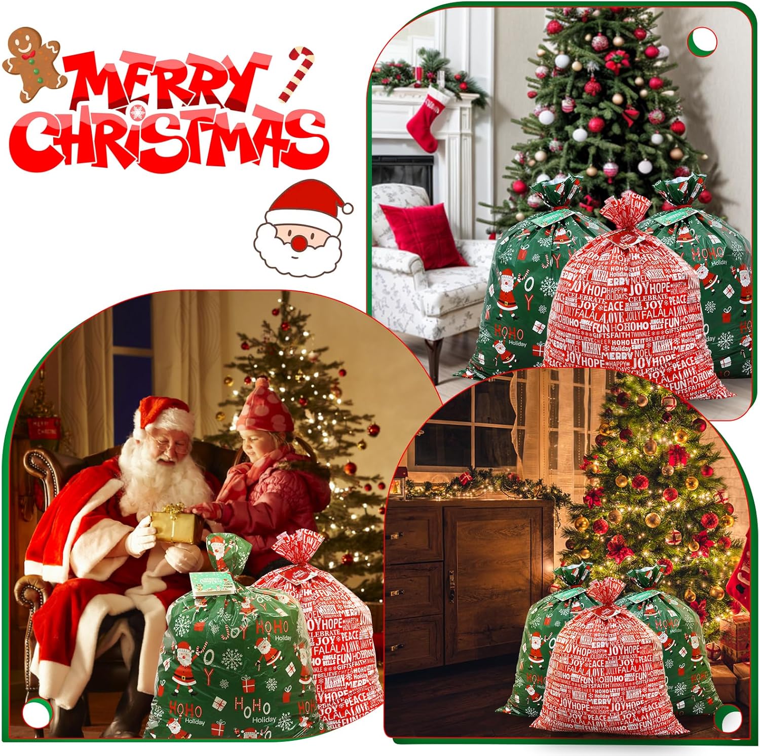 ROSAUI Bolsas grandes de regalo de Navidad y tarjetas de regalo de Navidad, juego de 3 (44.09 x 35.43 pulgadas), bolsa de regalo de plástico PE