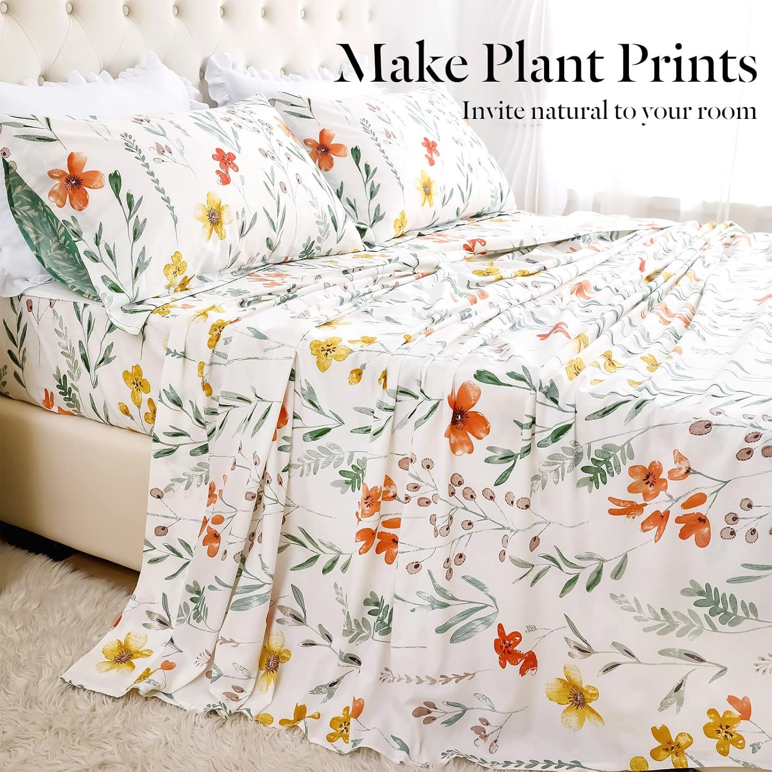 Lady Ann Sábanas florales 100% algodón para cama tamaño King, flores y plantas verdes, algodón botánico de lujo, estampado floral, sábana tamaño