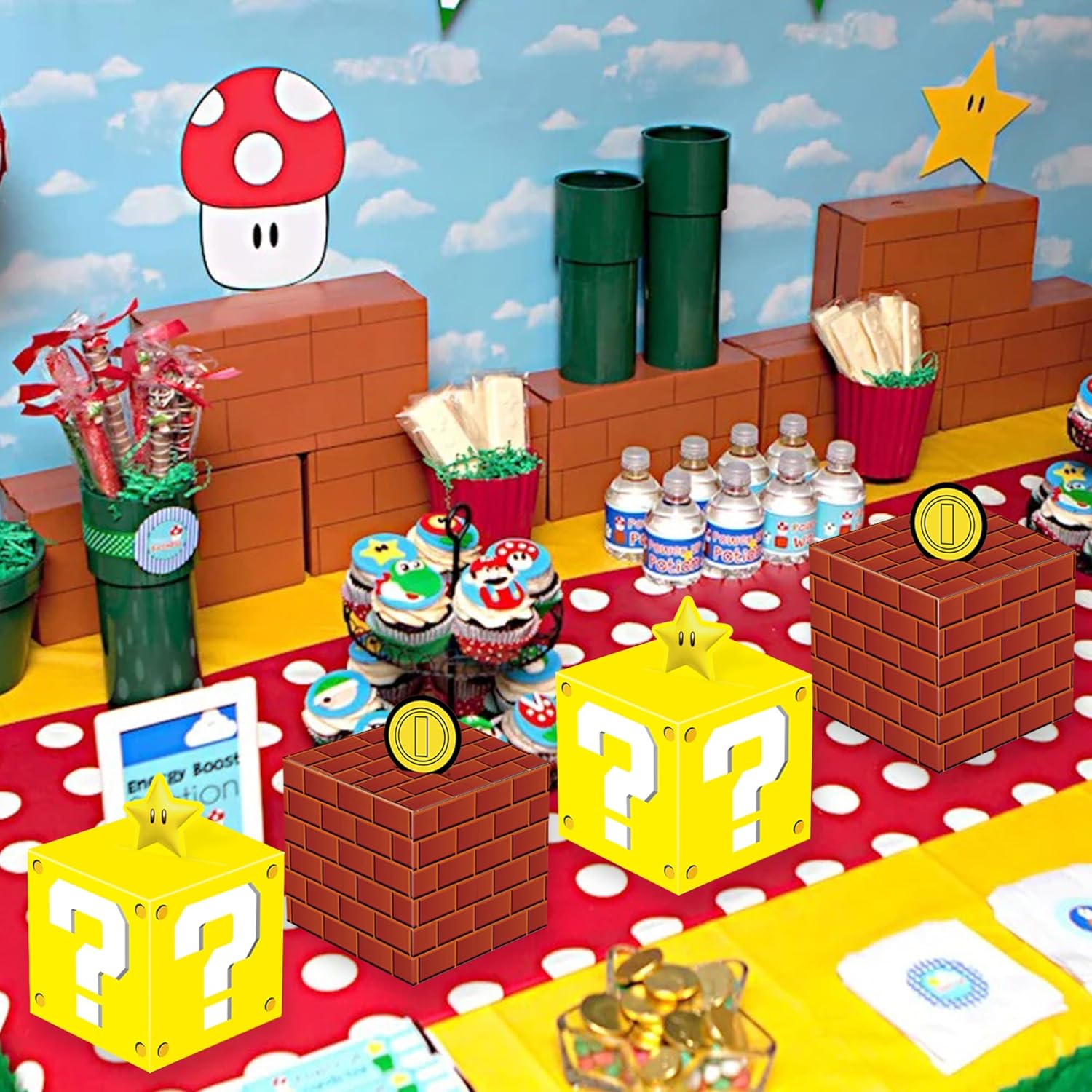 YOPENMOUNE Mario Party Treat Box 24 bolsas de regalo de bloques de ladrillos para videojuegos, suministros de decoración de regalos de fiesta