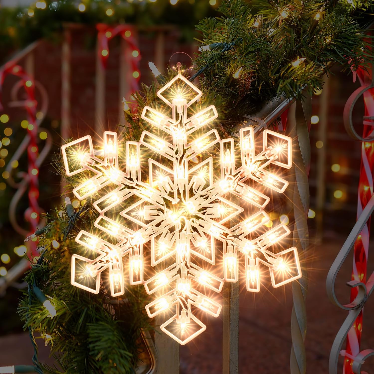 LAMPHOME Silueta de ventana de Navidad con diseño de copo de nieve iluminado, decoración de luces de Navidad para Navidad, fiesta, hogar, patio,