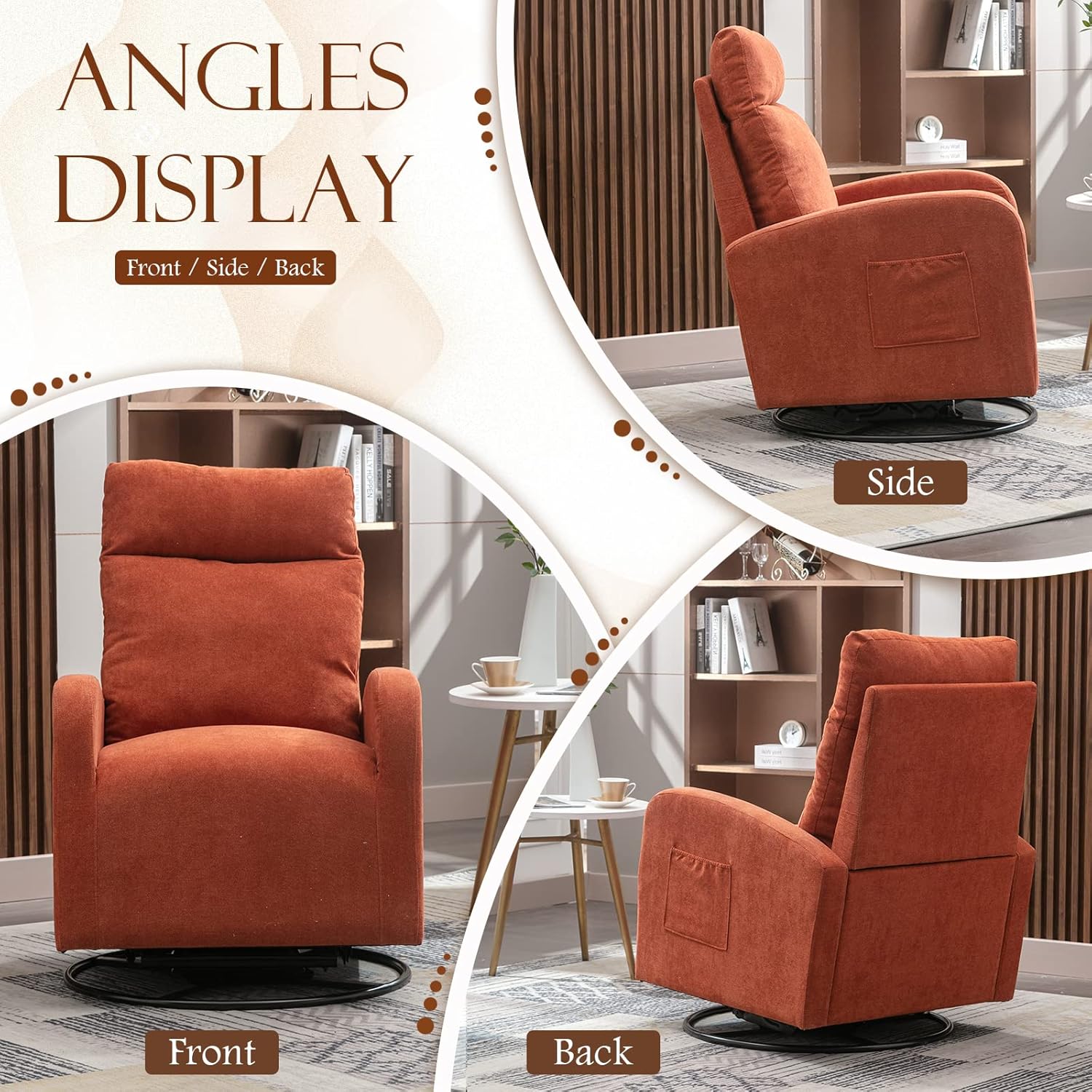 KINFFICT Silla giratoria moderna, mecedora tapizada para el cuarto del bebé, cómoda silla mecedora con respaldo alto con bolsillo lateral y