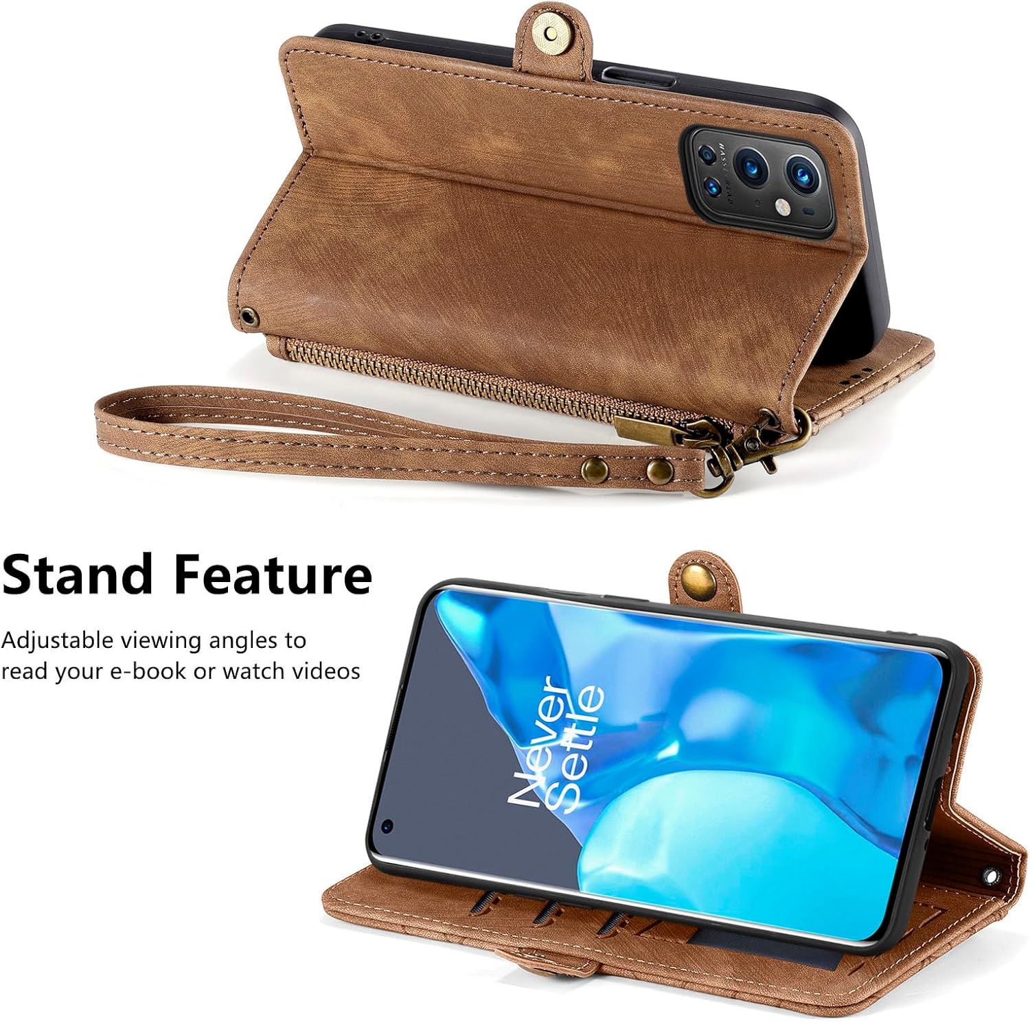 Asuwish Funda de teléfono para OnePlus 9 Pro One Plus 9Pro 5G Funda tipo cartera con protector de pantalla de vidrio templado y cremallera abatible