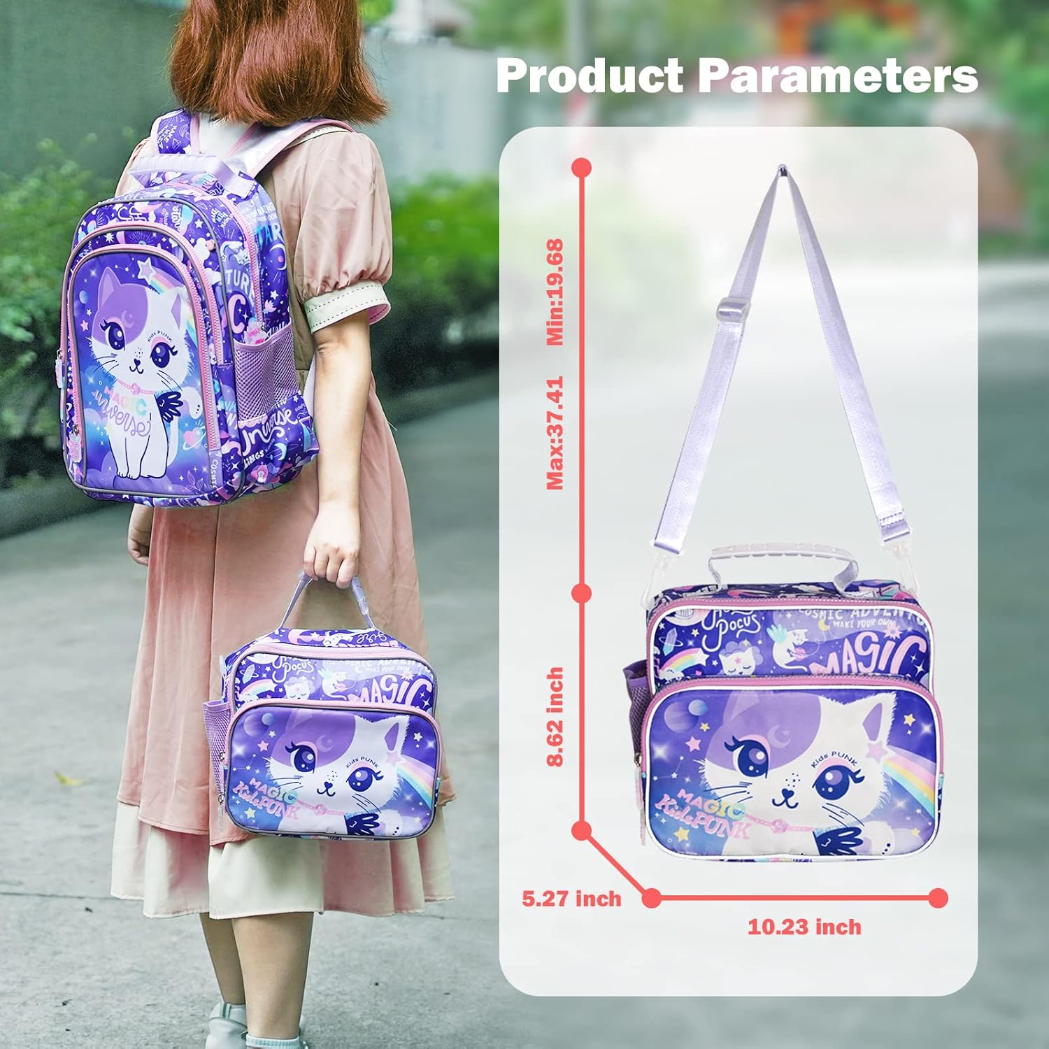 Purple Cat – Lonchera unisex para niños y niñas, de aluminio, con soporte para botella de agua, aislada, sin BPA, fácil de limpiar, gran habitación