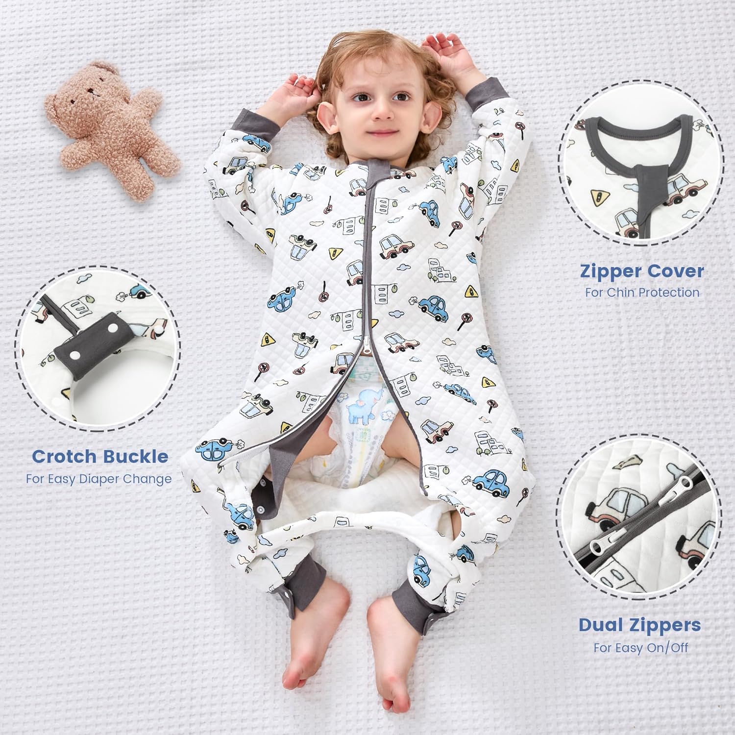ZIGJOY Saco de dormir para bebé con pies y cremallera en la cadera de 1.5 TOG, manta de vestir 100% algodón para todas las estaciones, pijamas para