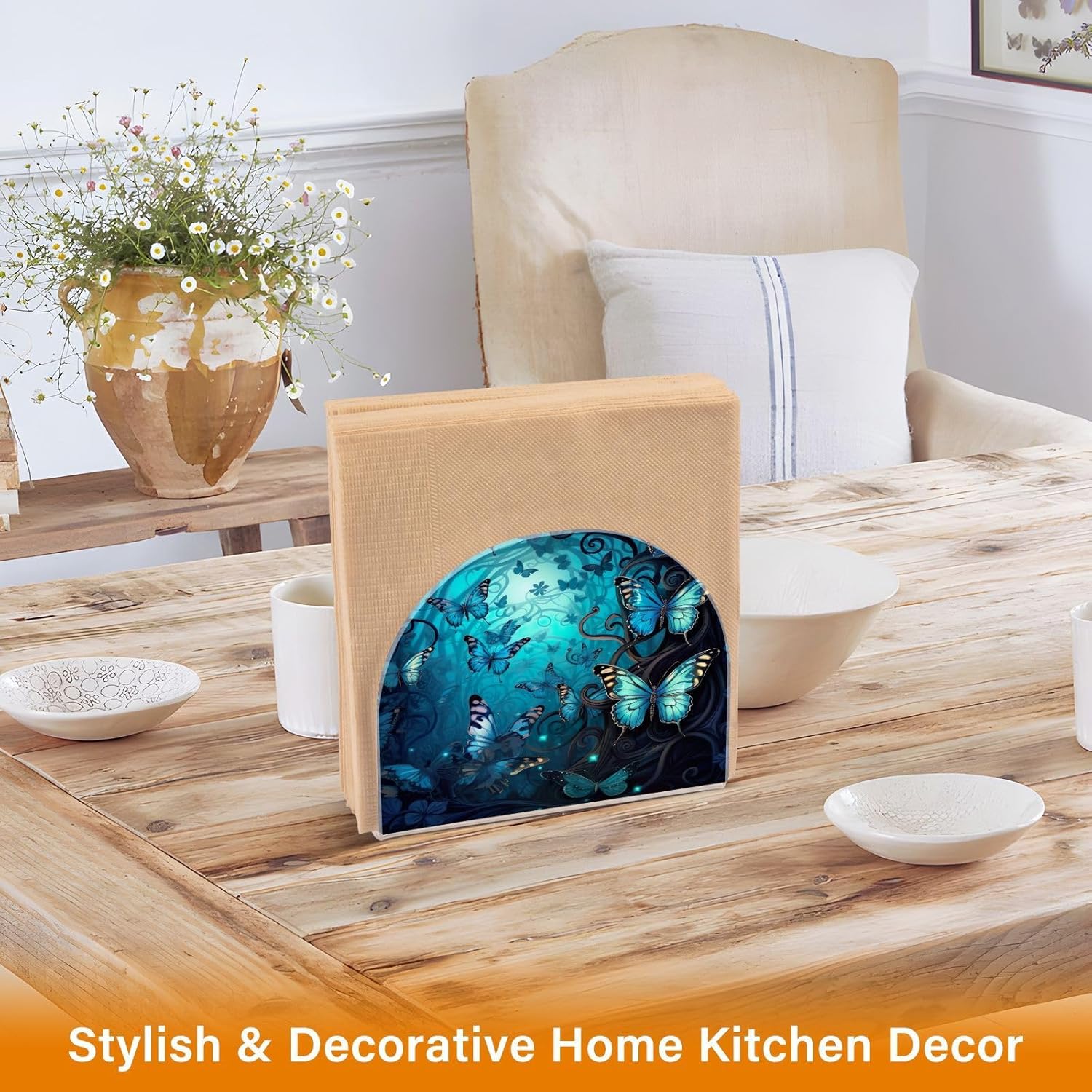 Napkin Holder Blue Butterflies Napkin Holders for Tables, Clear Acrylic Napkin Holders Cocktail Napkin Holder for Kitchen Restaurant Bar Home Decor