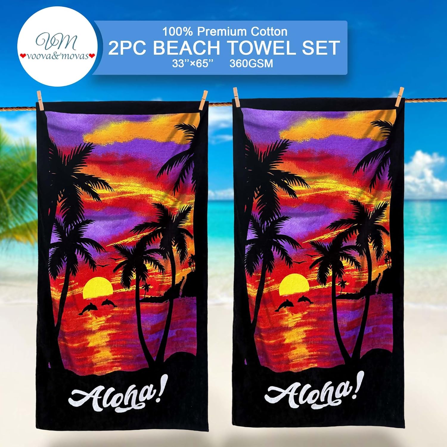 VOOVA & MOVAS Paquete de 2 toallas de playa, 33 x 65 pulgadas, 100% algodón, toallas de piscina ligeras para hombres y mujeres, toallas de natación
