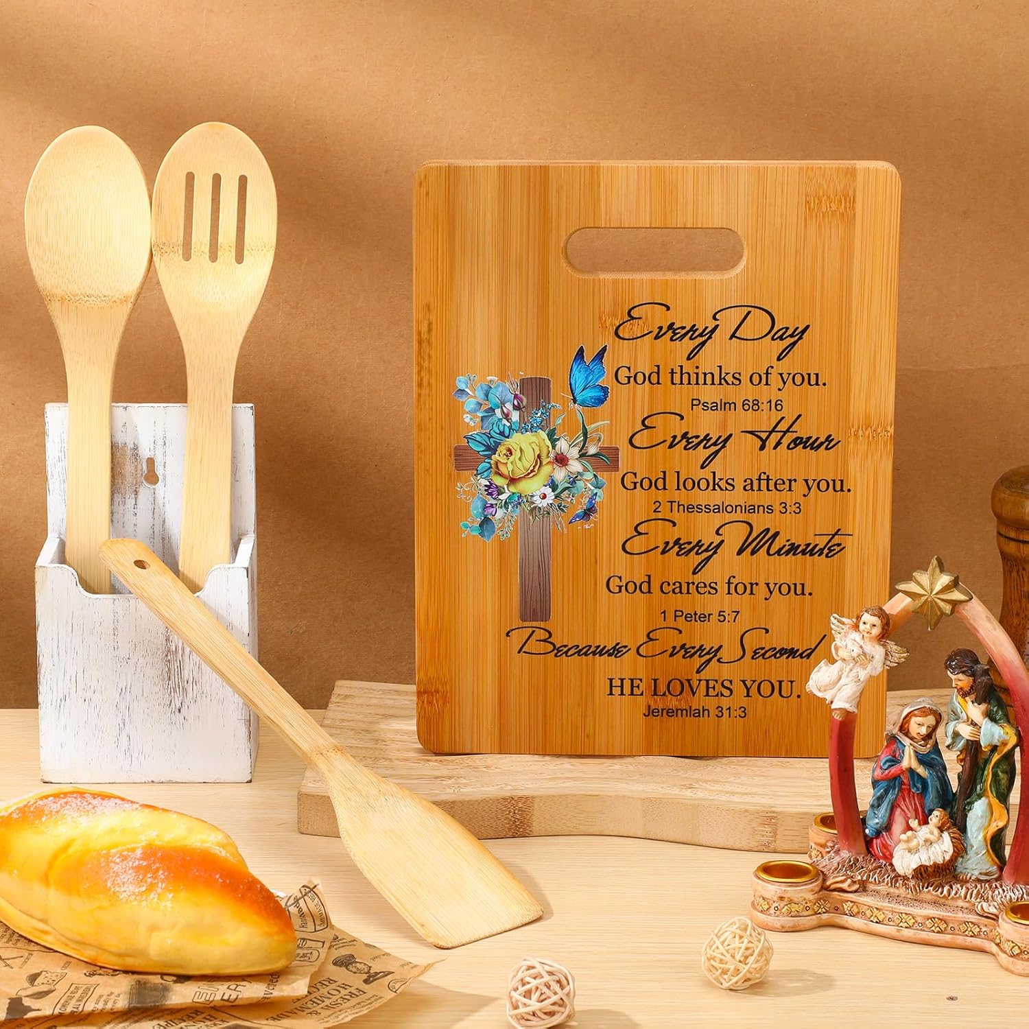 Juego de 4 tablas de cortar de girasol religiosas de regalo cristiano, accesorios de cocina, regalos de Navidad, tablas de cortar de bambú cristiano