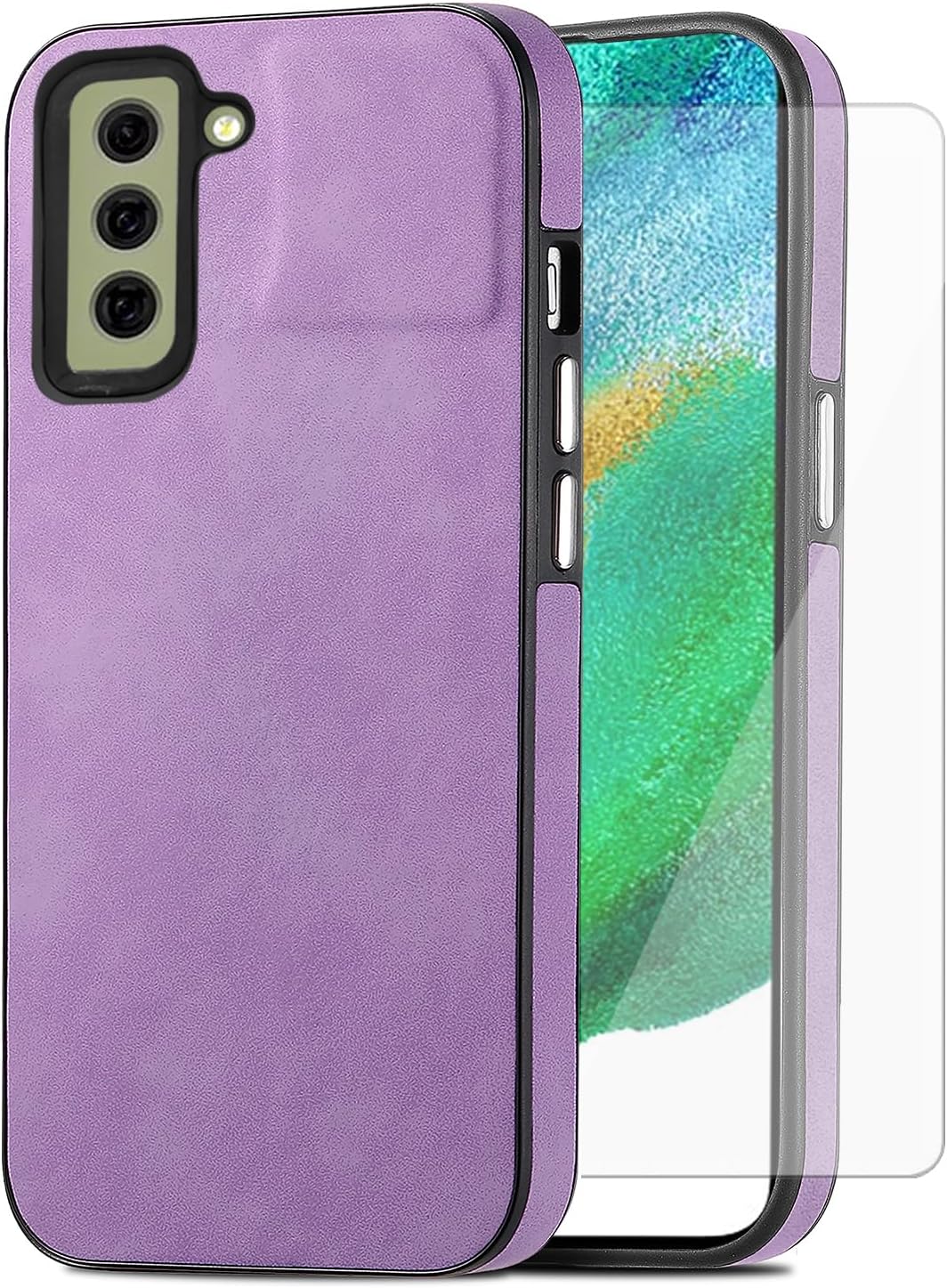 Asuwish Funda de teléfono para Samsung Galaxy S21 FE 5G con protector de pantalla de vidrio templado y funda delgada de cuero suave resistente