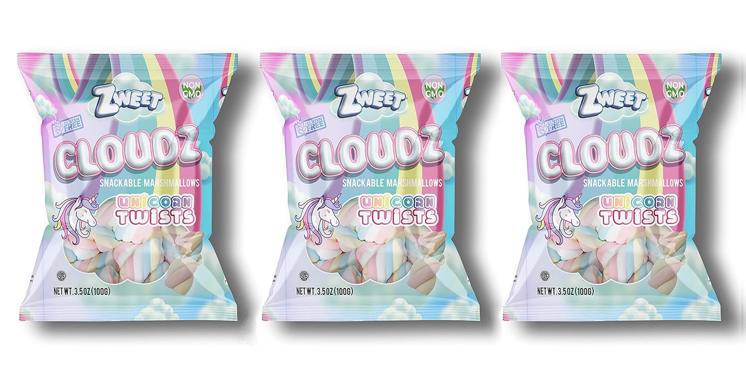 Zweet Cloudz Snackable Marshmallows Unicorn Twists – Sin grasa, sin gluten, Kosher, malvaviscos halal, 3.5 onzas (paquete de 3)