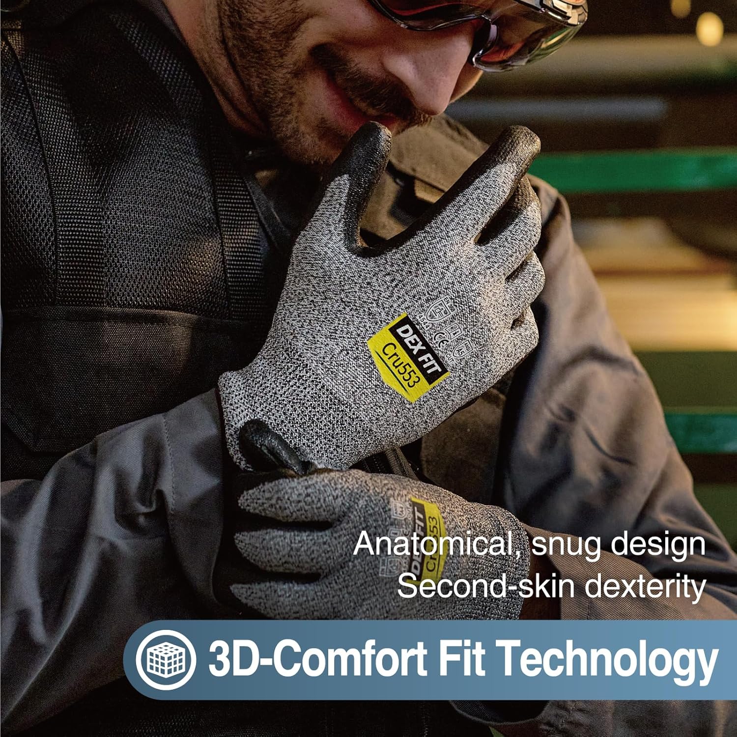 DEX FIT Cru553 – Guantes resistentes a cortes nivel 5, ajuste cómodo 3D, agarre firme, delgados, ligeros, compatibles con pantalla táctil y lavables