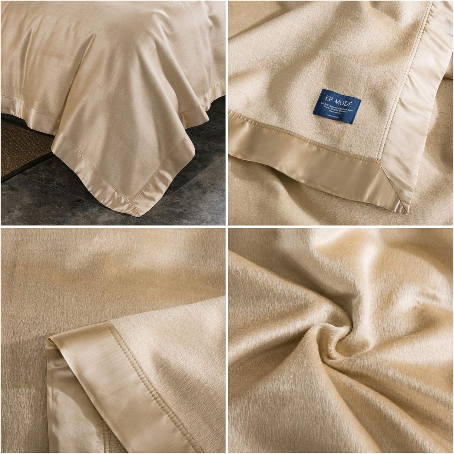 EP Mode Manta de seda de morera de lujo con borde de seda Charmeuse (Rugby Tan, Queen 88 x 88 pulgadas)