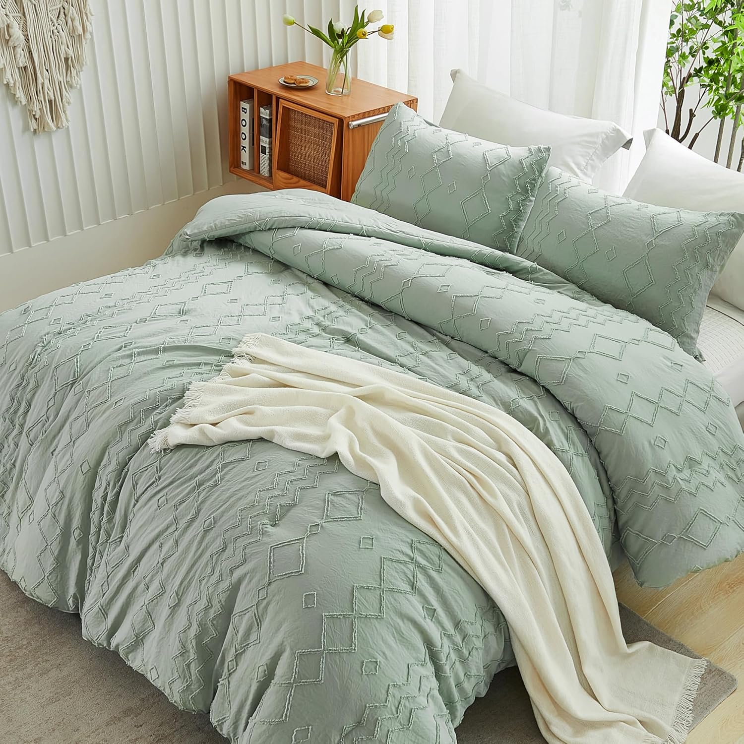 Andency Juego de edredón verde copetudo, tamaño matrimonial (79 x 90 pulgadas), 3 piezas (1 edredón acolchado y 2 fundas de almohada), edredón