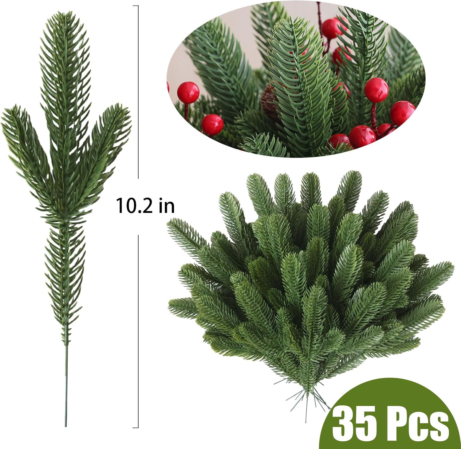 35 piezas de ramas de pino artificiales, plantas verdes, agujas de pino falsas, accesorios de bricolaje, decoración de vegetación para guirnalda,