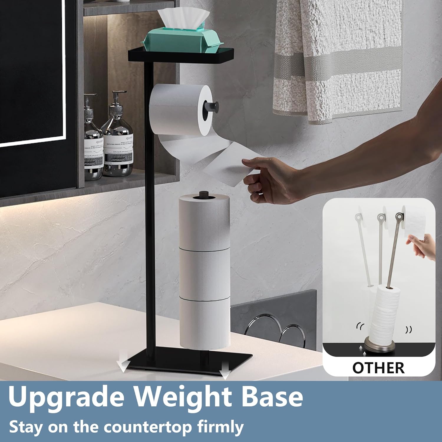Soporte de papel higiénico de pie, soporte de papel higiénico de pie, soporte de rollo de papel higiénico de baño con almacenamiento con diseño de
