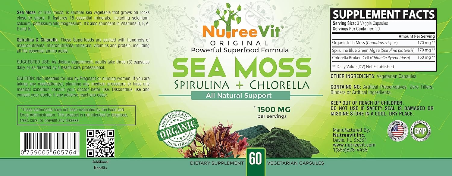 NutreeVit 100% Orgánico – Musgo Marino+Espirulina+Clorella (60 Cápsulas)