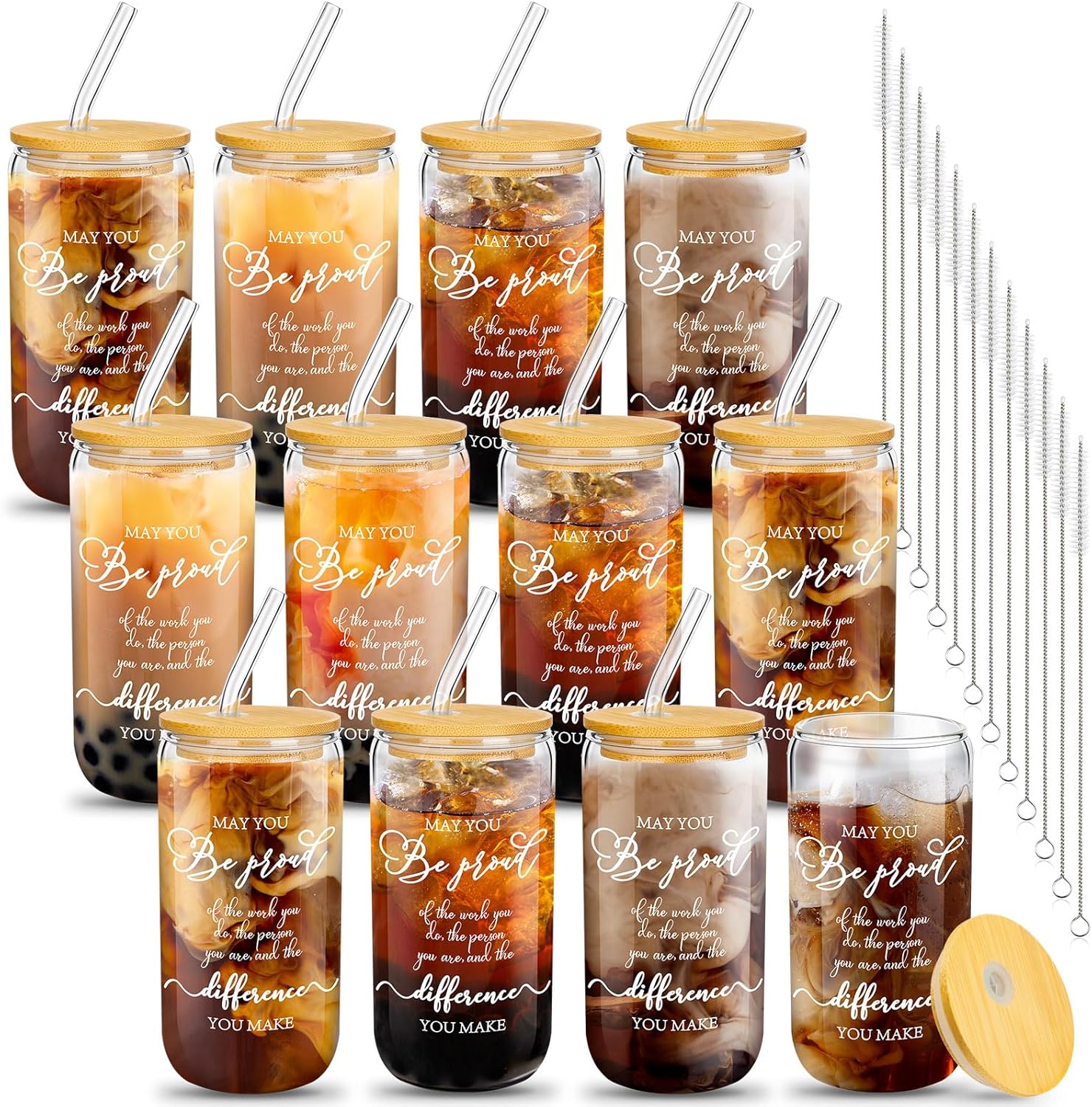 Juego de 12 vasos de vidrio de agradecimiento para empleados, regalos de agradecimiento para compañeros de trabajo, vasos de vidrio de 16 onzas con