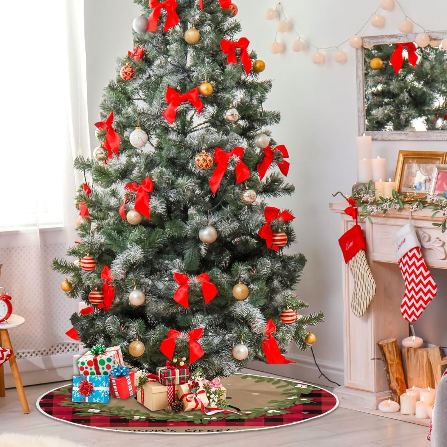 Faldas clásicas para árbol de Navidad con tarjeta de Navidad, decoración de suelo de árbol de Navidad, 47.2 pulgadas, lavable a máquina, decoración