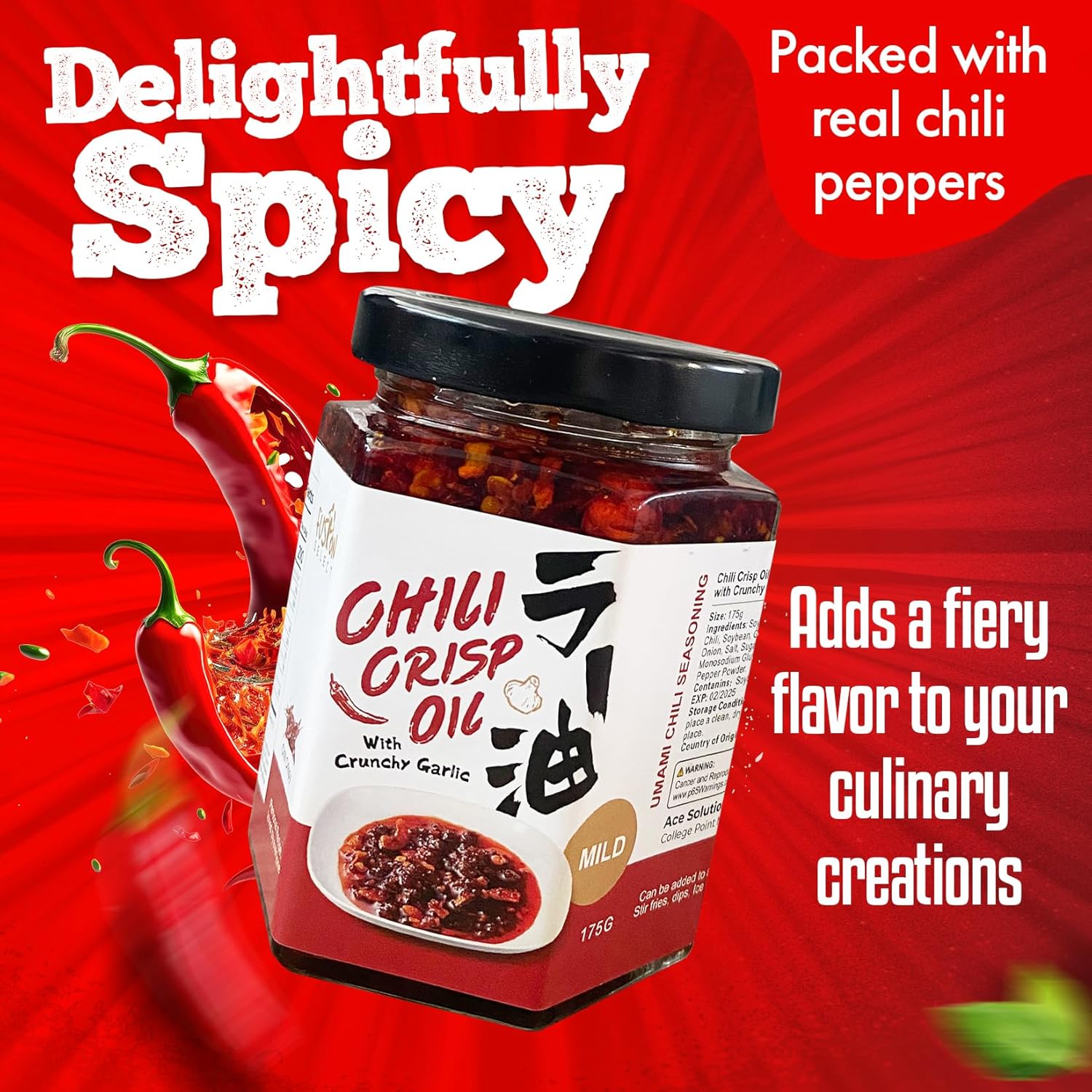 Fusion Select Aceite crujiente de chile de 6.17 oz  Aceite de chile crujiente de ajo, condimento Umami con pimientos picantes para ramen coreano,
