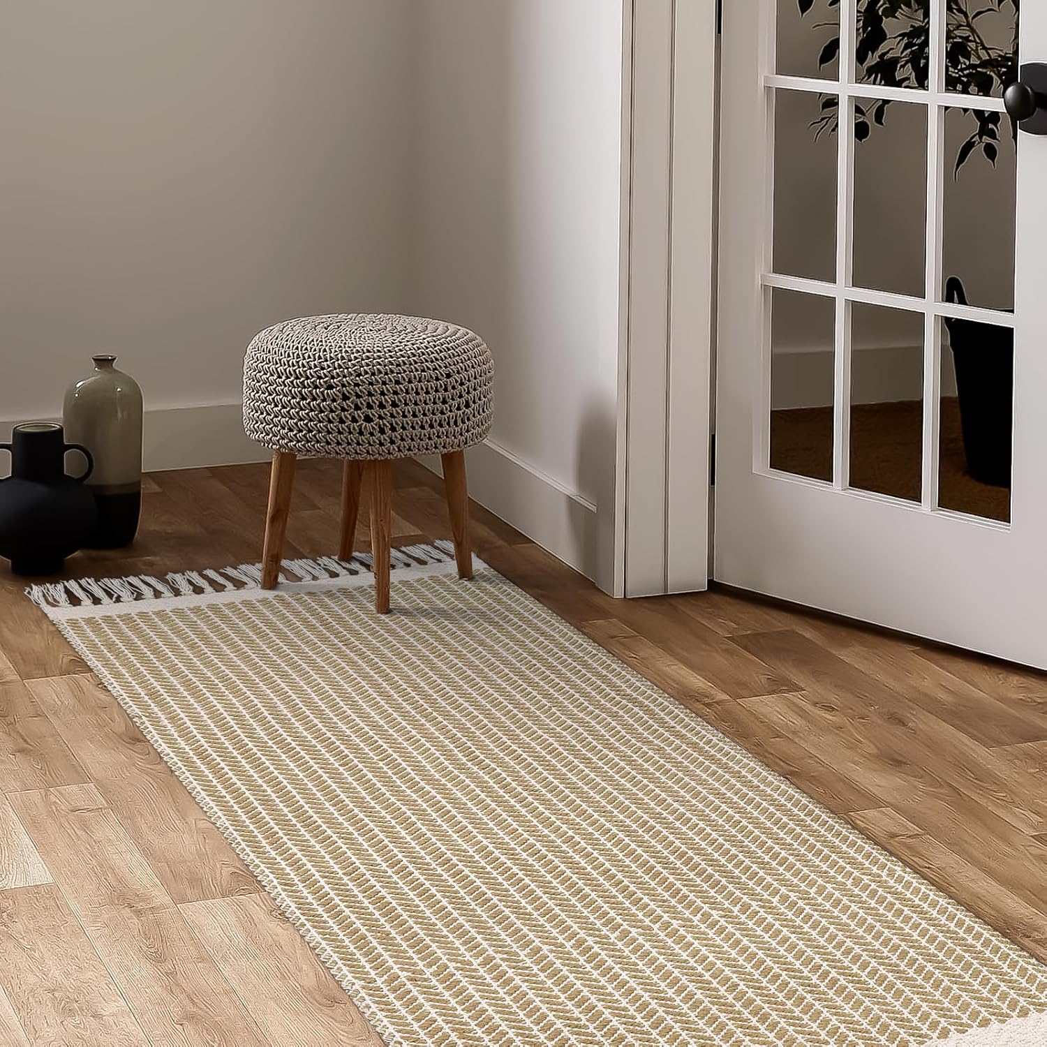 Lanffia Alfombra de pasillo de cocina estilo bohemio de 2 x 4.3 pulgadas, lavable de algodón con borlas, alfombra pequeña para entrada, fregadero,