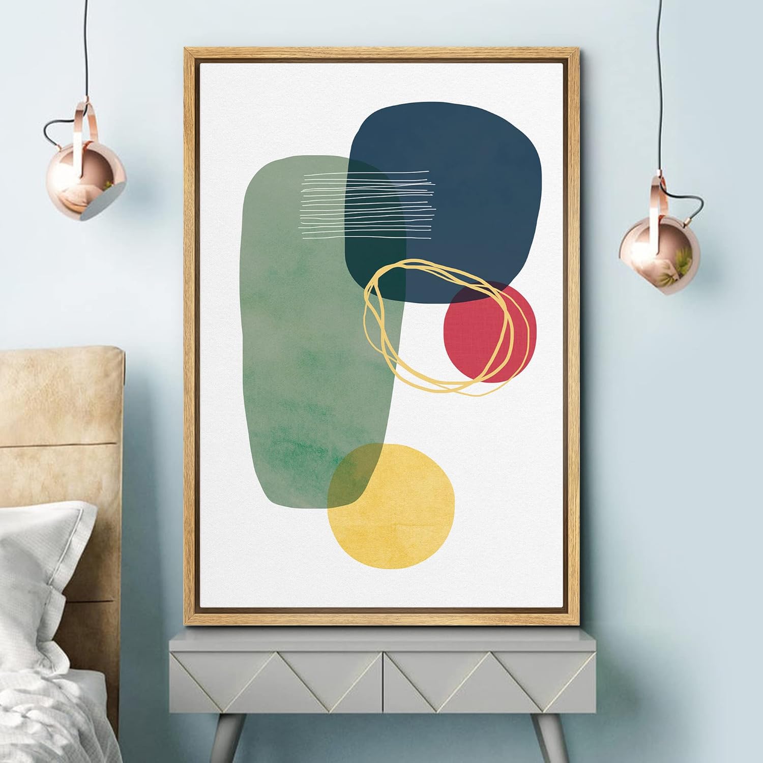 SIGNFORD Lienzo enmarcado para pared, líneas y círculos verdes, azules, rojos, amarillos y dorados, formas geométricas, ilustraciones, minimalismo,
