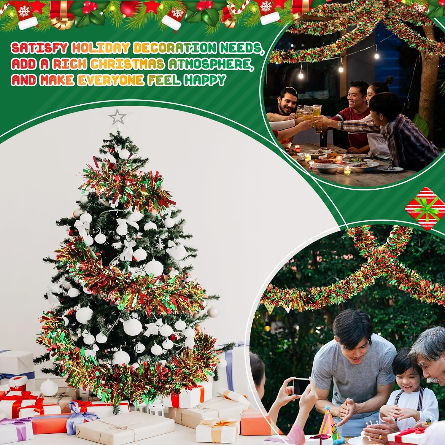 Guirnalda de oropel de Navidad de 118 pies con brillantina, guirnalda metálica para árbol de Navidad, guirnalda colgante de techo brillante para