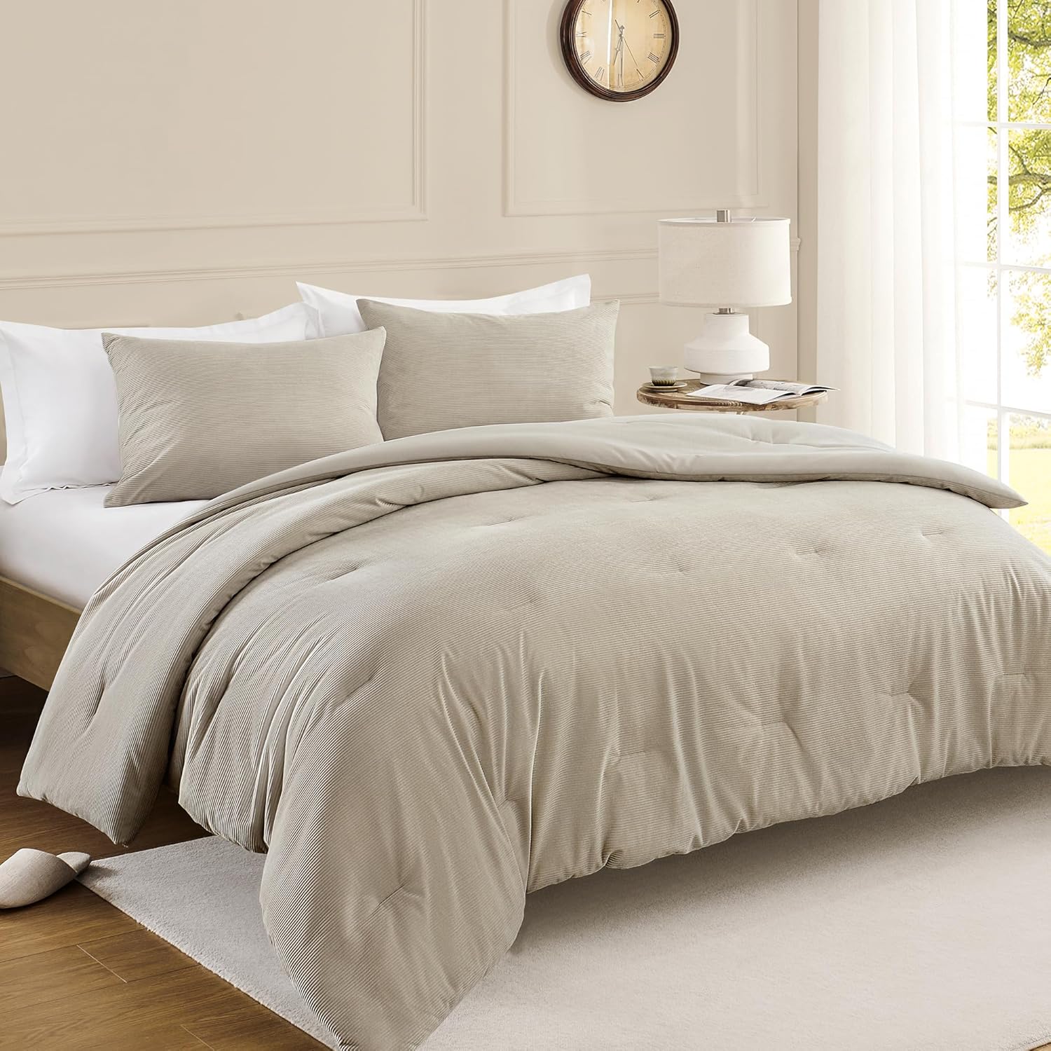downluxe Juego de edredón de pana tamaño individual color beige, 2 piezas de edredón de pana de poliéster ultrasuave para niños, juego de edredón