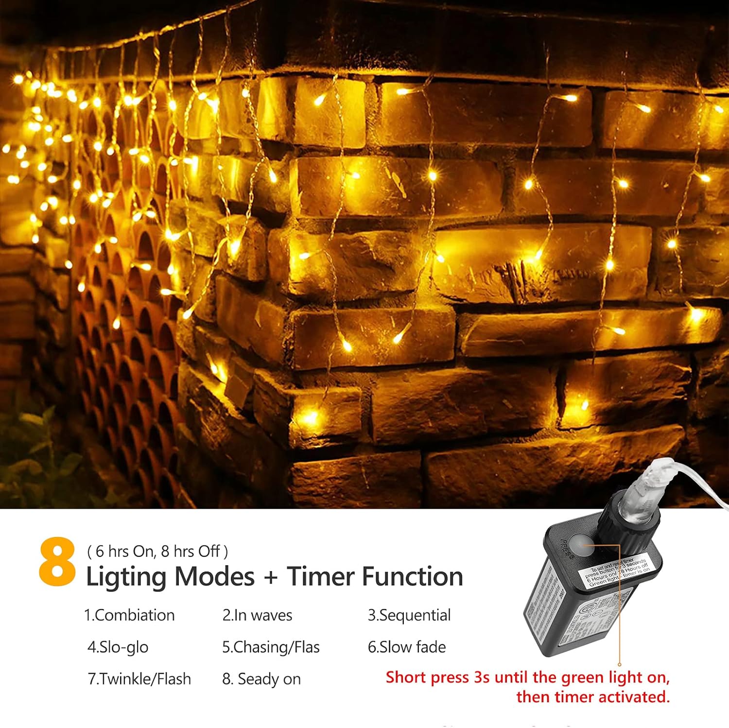 Toodour Luces de Navidad de carámbano para exteriores, 29.5 pies, 360 luces LED de decoración de Navidad con 60 gotas, 8 modos, conectables, luces