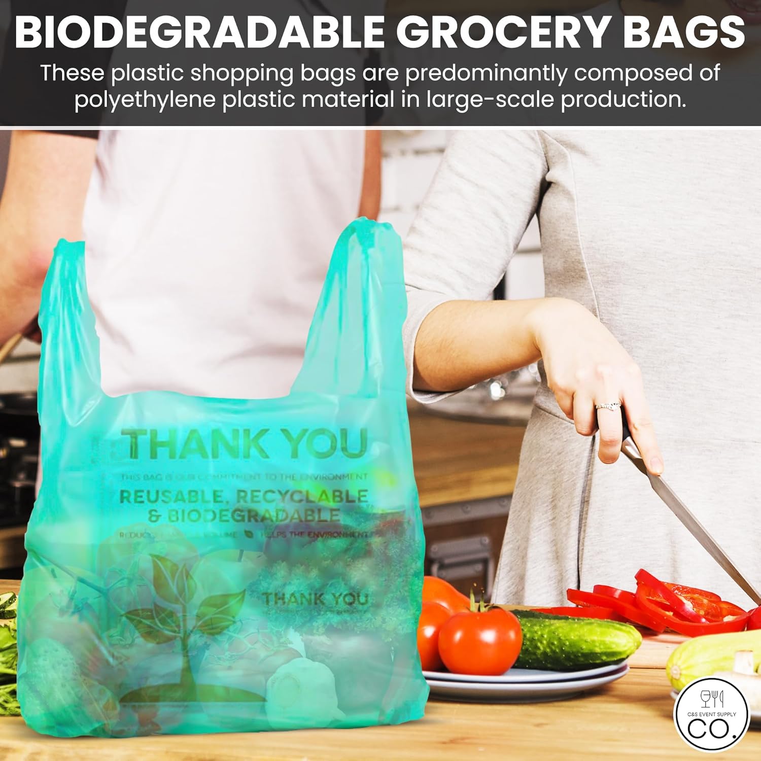 C&S Event Supply Co. Bolsa ecológica verde, bolsas de plástico con asas, bolsas de compras de plástico para comestibles, bolsas de plástico