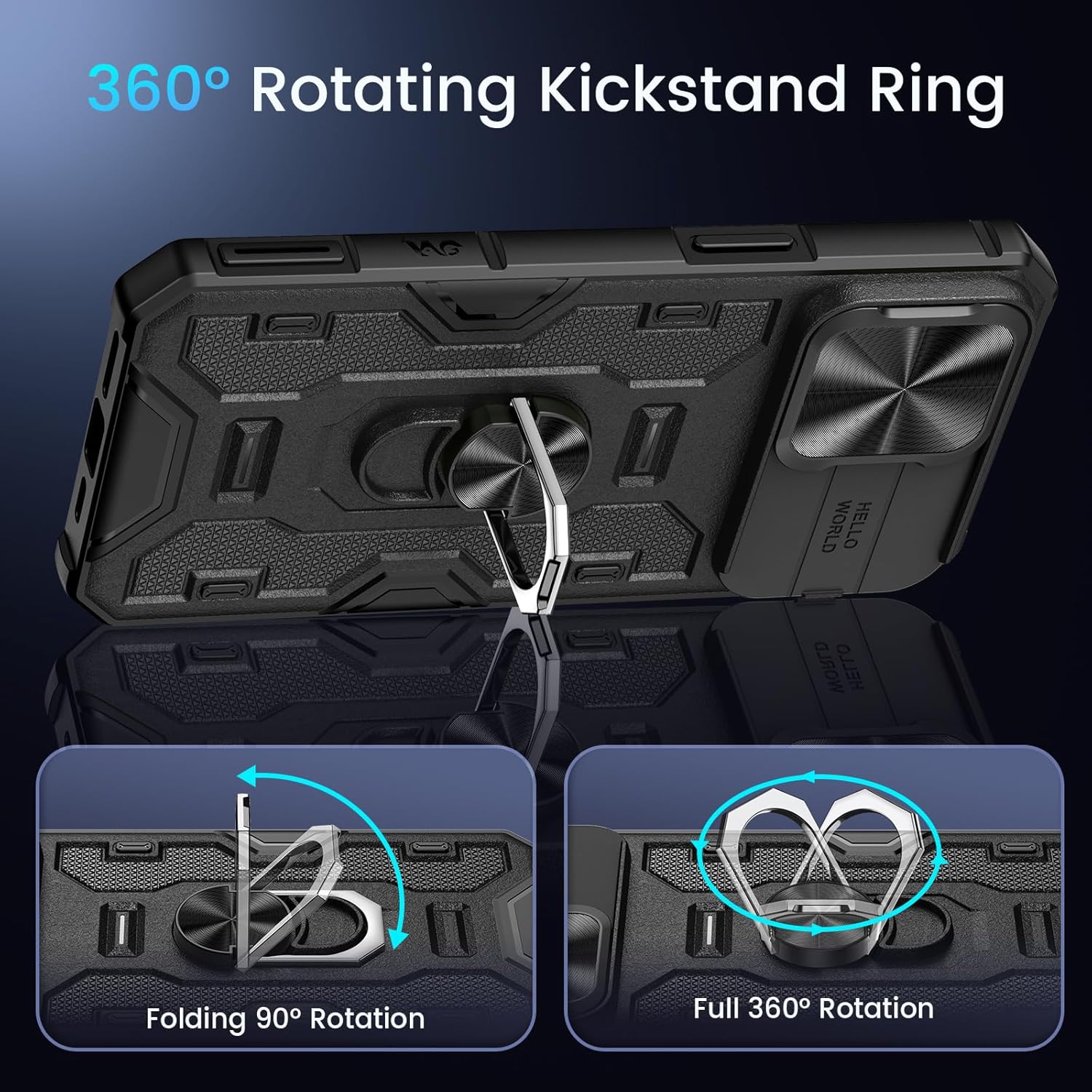Caka Funda para iPhone 15 Pro Max, 15 Pro Max con soporte de metal y cubierta de cámara con soporte de anillo giratorio de 360 integrado, funda