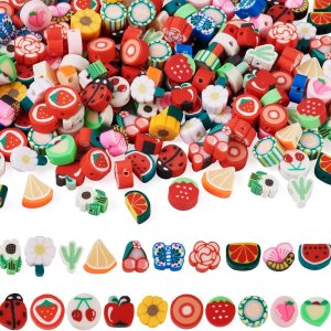 200 cuentas de arcilla polimérica con flores de fruta, variadas y lindas cuentas heishi de manzana, melocotón, dasiy, cuentas heishi, espaciadoras 200 cuentas de arcilla polimérica con flores de fruta, variadas y lindas cuentas heishi de manzana, melocotón, dasiy, cuentas heishi, espaciadoras