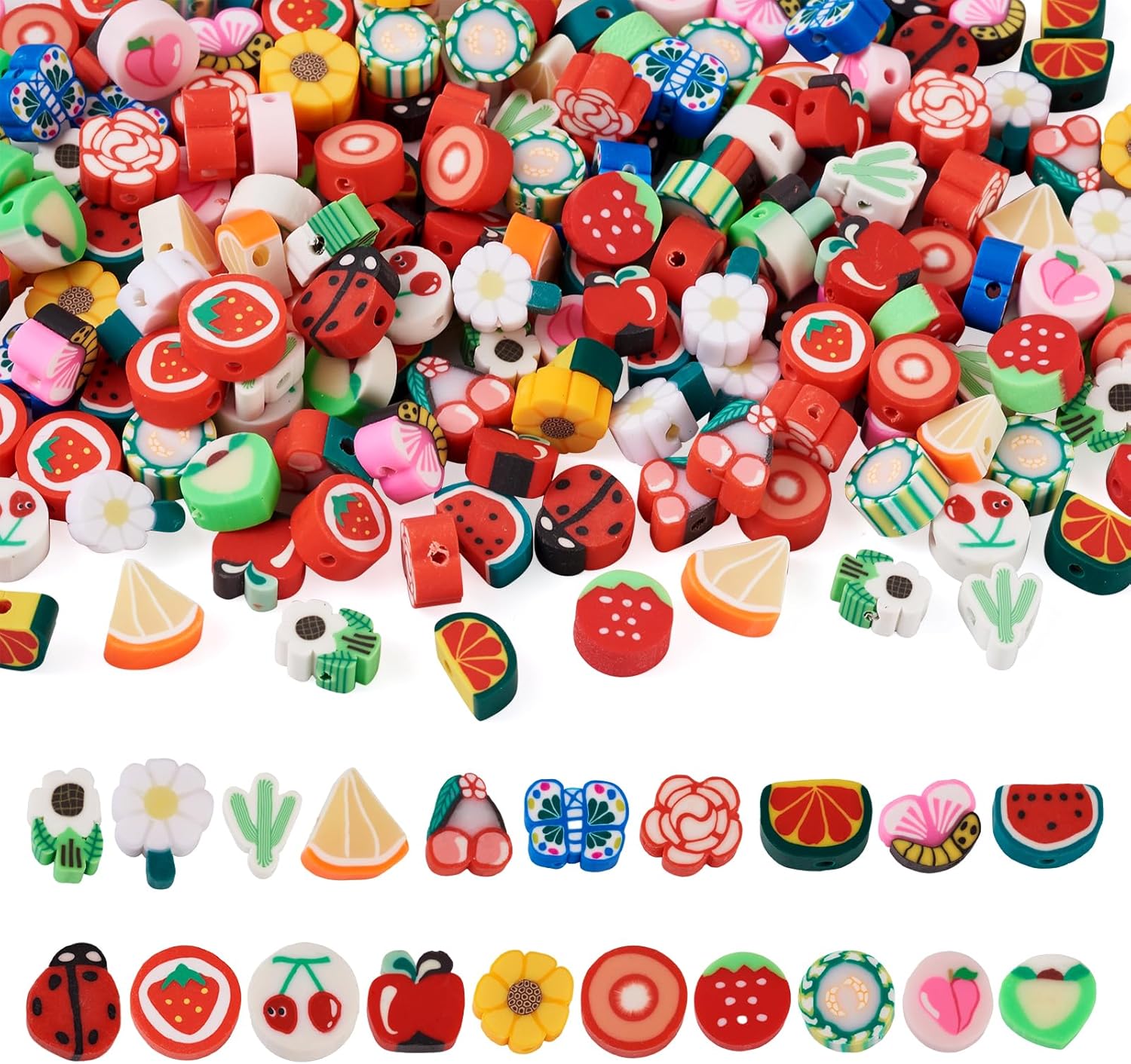 200 cuentas de arcilla polimérica con flores de fruta, variadas y lindas cuentas heishi de manzana, melocotón, dasiy, cuentas heishi, espaciadoras