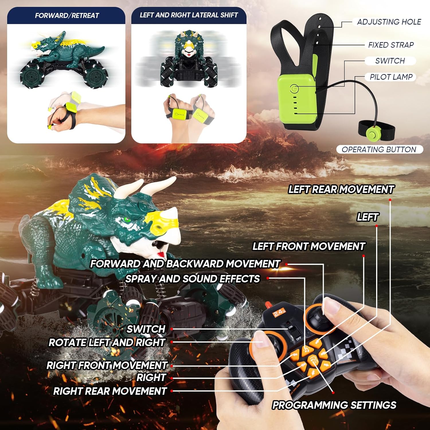 Auto de dinosaurio a control remoto, auto de control de gestos para niños, camiones RC controlados a mano con luz, sonido y aerosol de agua, camión