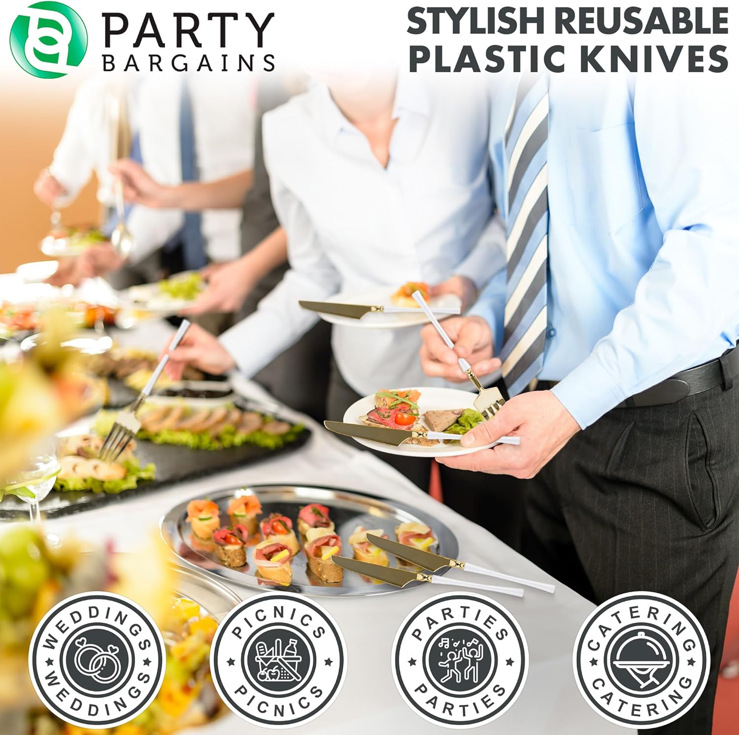 Party Bargains Cuchillos desechables de plástico de oro blanco, utensilios de diseño moderno infinito, paquete de 20