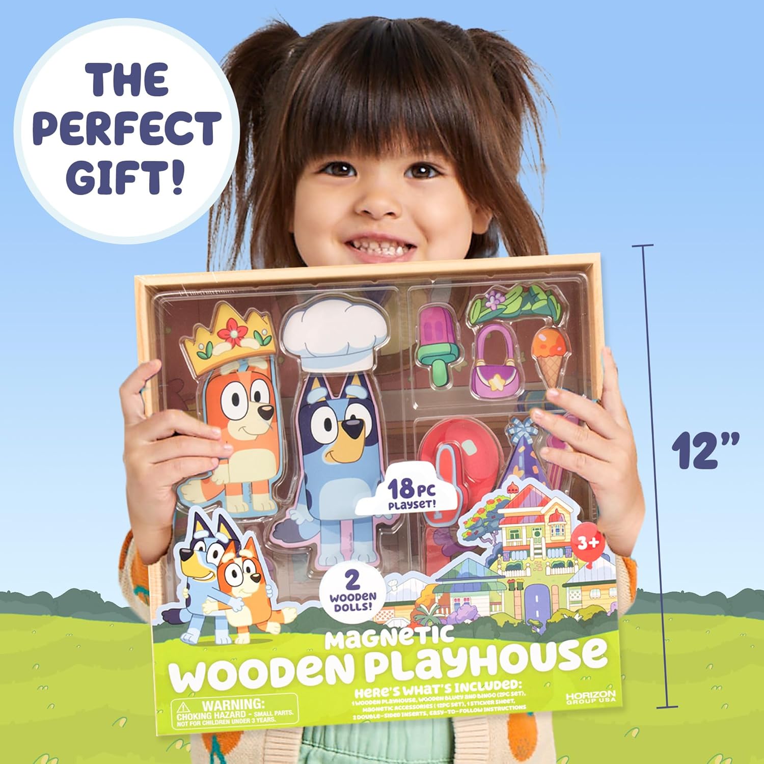 Horizon Group USA Bluey – Casa de juegos magnética de madera, juego de actividades de 18 piezas, incluye 2 casas de muñecas de madera, grandes