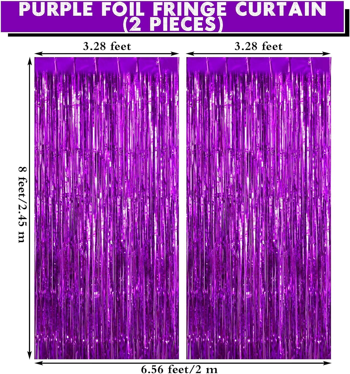 Cortinas de flecos de papel de aluminio morado, paquete de 2, extra grandes de 8 x 3.3 pies, cortinas de flecos para puerta para cumpleaños, boda,